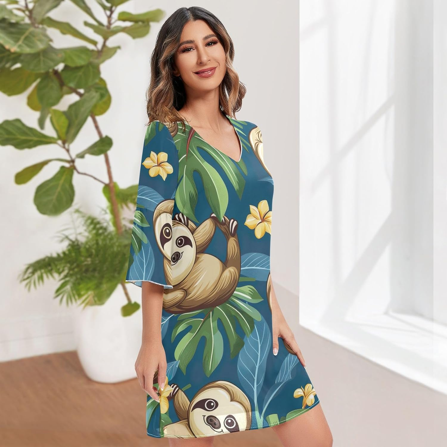 Cute Cartoon Sloth Blue Ladies Chiffon Dress Printed Line Maternity Dress S-XXL image number 2
