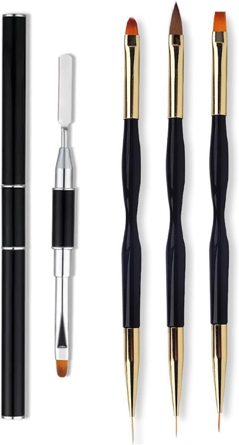 FULINJOY 4 in 1 Set, Dual-Ended Polygel Brush Picker Brush, 3 Pcs Nail Drawing Pen, Dual End Nail Art Pen Brush Acrylic round Flat Painting Drawing Liner Nail Tools image number 1