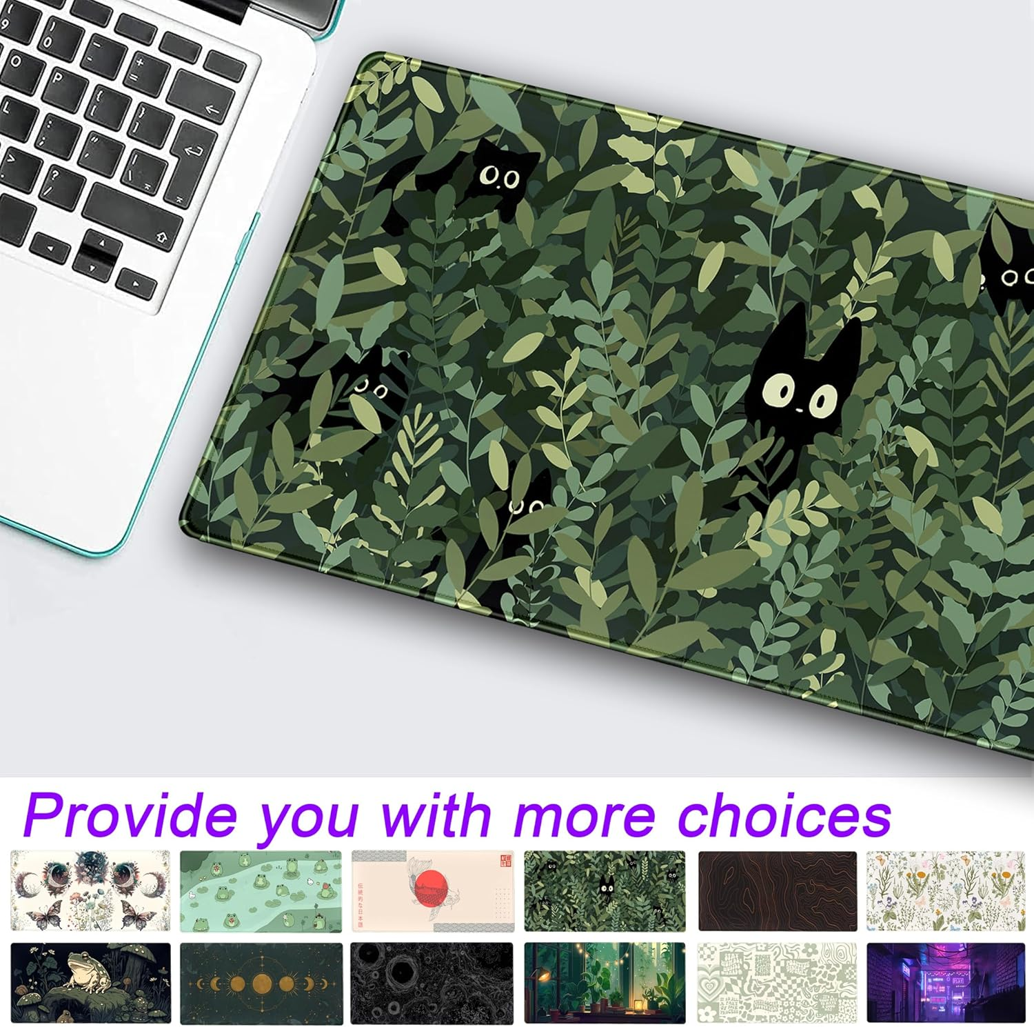 DCJJM Cute Anime Cats Desk Mat Green Leaves Kawaii Mousepad XXL Extended Large Gaming Mouse Pad Cat, Aesthetic Laptop Keyboard for Women Office Gamer Girl D&eacute;cor, 31.5X15.75X0.12 in (DMXC08) image number 4