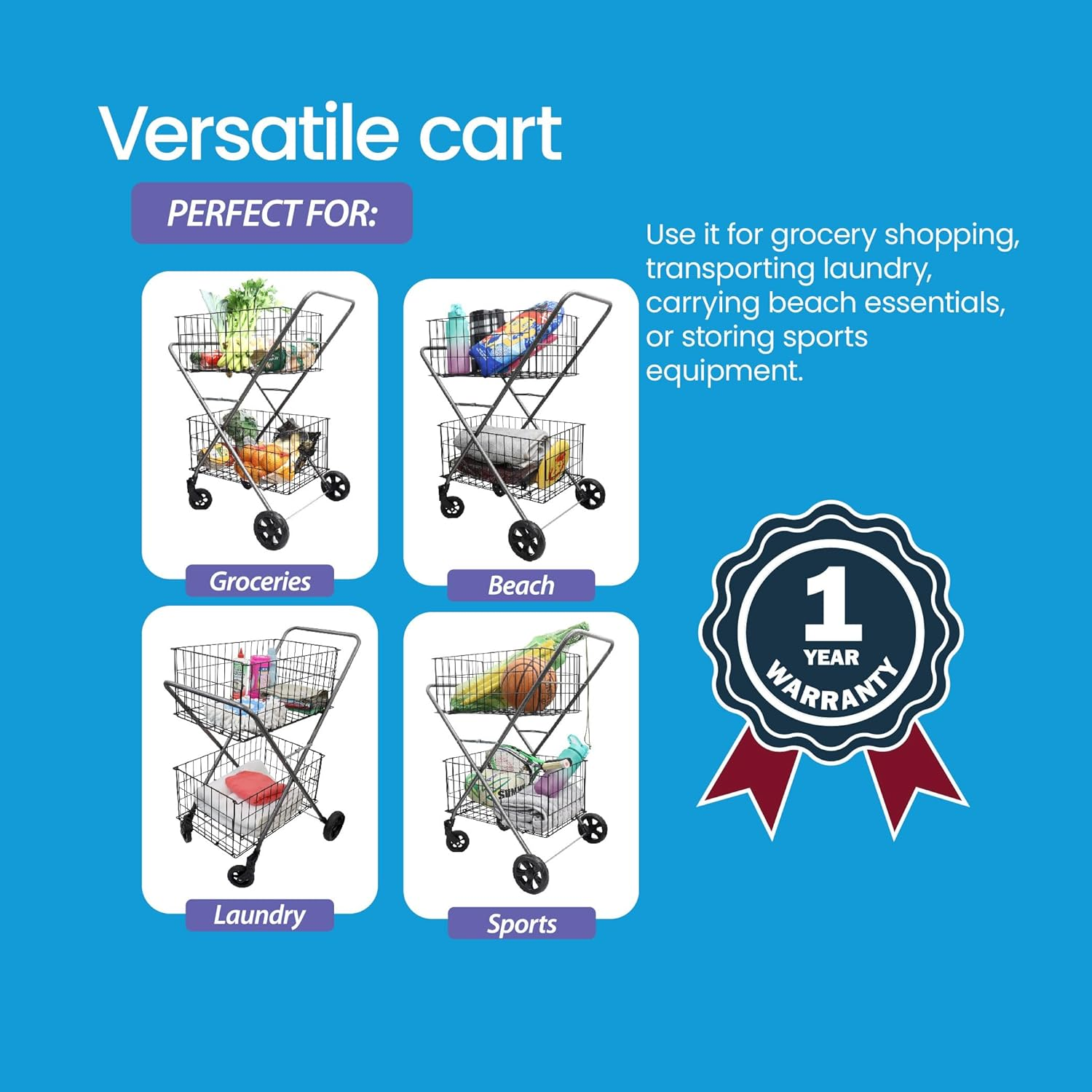 Dual Handy Basket Cart &ndash; 50Kg Capacity, 107L Volume, Dual Baskets, Foldable, 360&deg; Swivel Wheels, Durable Epoxy Coating, Quick Assembly &ndash; Ideal for Groceries, Laundry, Beach,&Warehouse image number 2