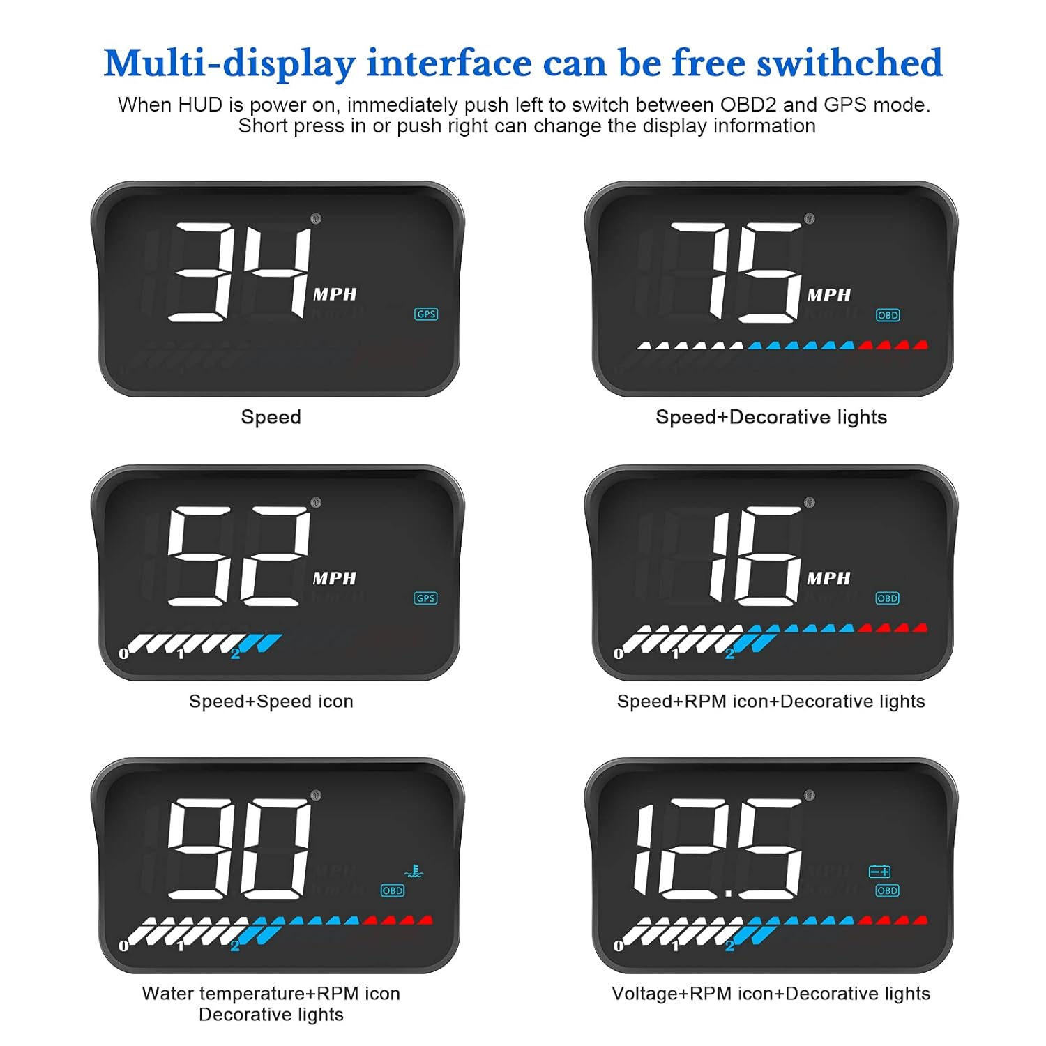 Car HUD Head up Display M7, OBD/GPS Smart Gauge, Driving Speed, Engine RPM, Voltage, Water Temperature, Etc.., Works Great for All Cars (M7)