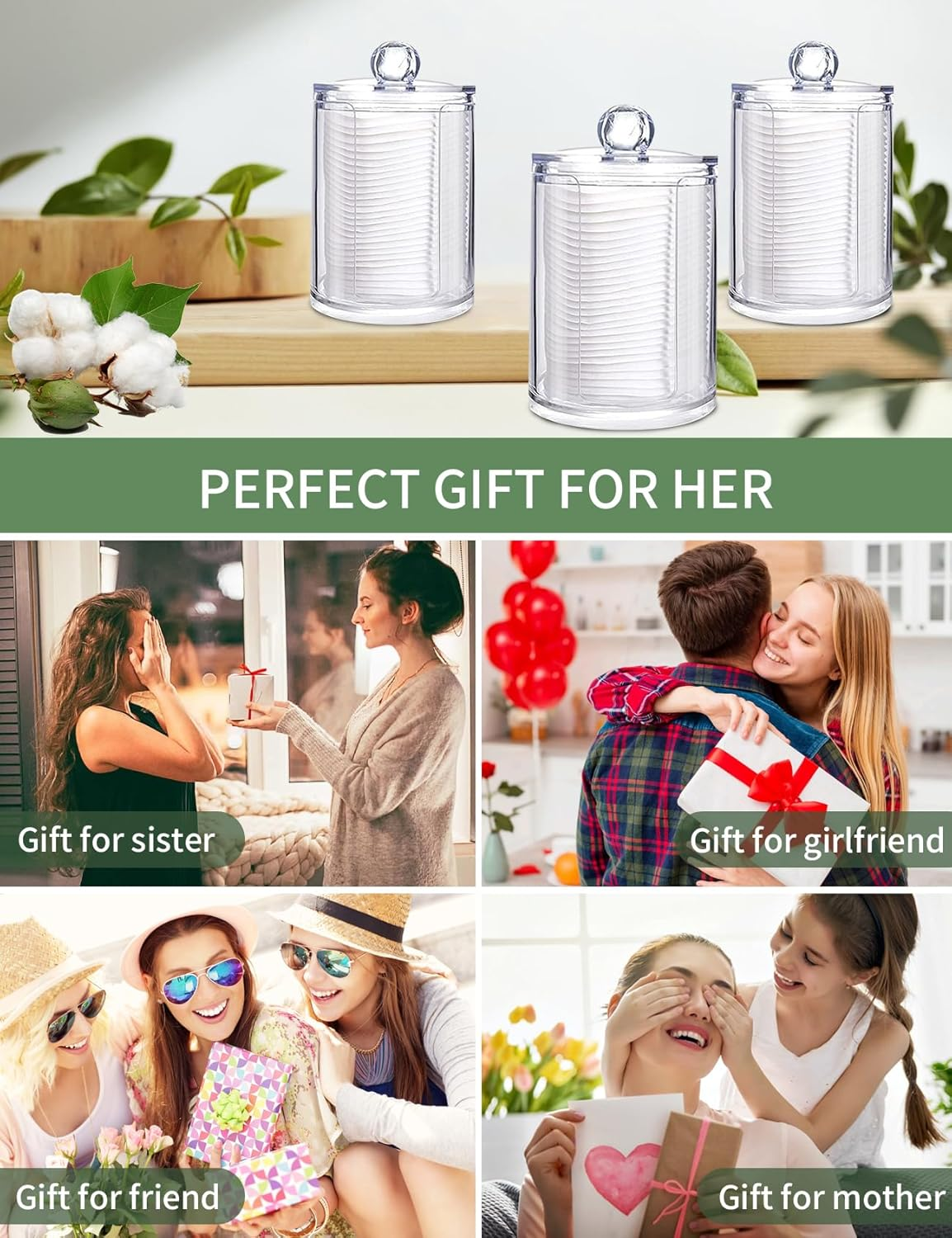 3 Pack Qtip Holder Dispenser Kit for Cotton Ball round Pads, Clear Plastic Jars Set, Jars with Lids for Bathroom Organization, 10 Oz Holder Storage Canister Acrylic Jars, Bedroom Accessories image number 6