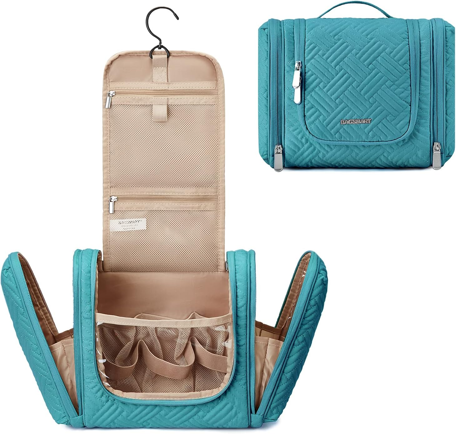 BAGSMART Toiletry Bag for Women, Travel Toiletry Organizer with Hanging Hook, Water-Resistant Cosmetic Makeup Bag Travel Organizer for Shampoo, Full Sized Container, Toiletries, Black, Medium,