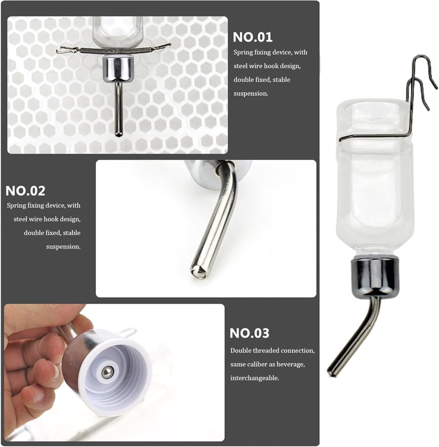 Guinea Pig Water Bottle Small Pet Water Bottle No Drip, Water Bottles Hanging Small Animal Drinking Bottles for Rabbit, Guinea Pig, Ferret, Hedgehog, Squirrel, Chinchilla Dispenser 350Ml (2Pcs350Ml) image number 3