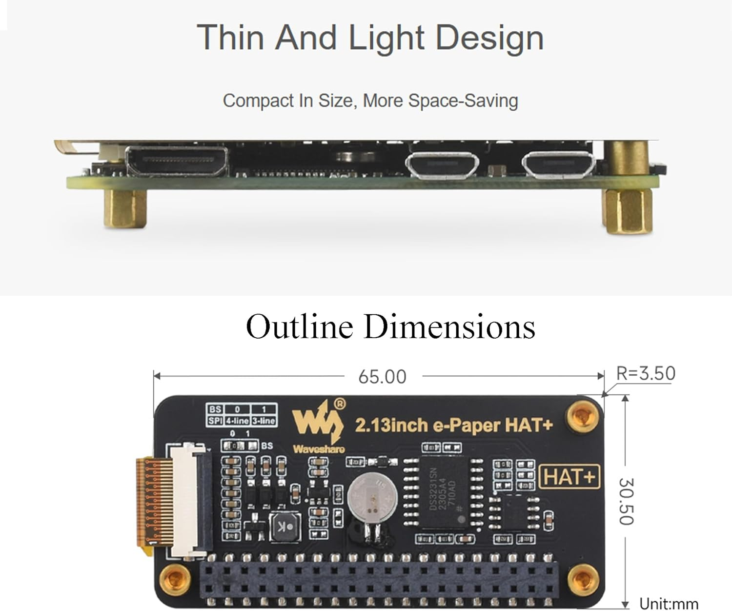 2.13Inch E-Paper HAT+ for Raspberry Pi 5/ 4B/3B+/3B/2B/A+/Zero W/Wh/Zero 2 W/Jetson Nano, E-Ink Display HAT+ Standard 250X122 Pixel SPI Interface with Pwnagotchi Tutorial Support Partial Refresh image number 1