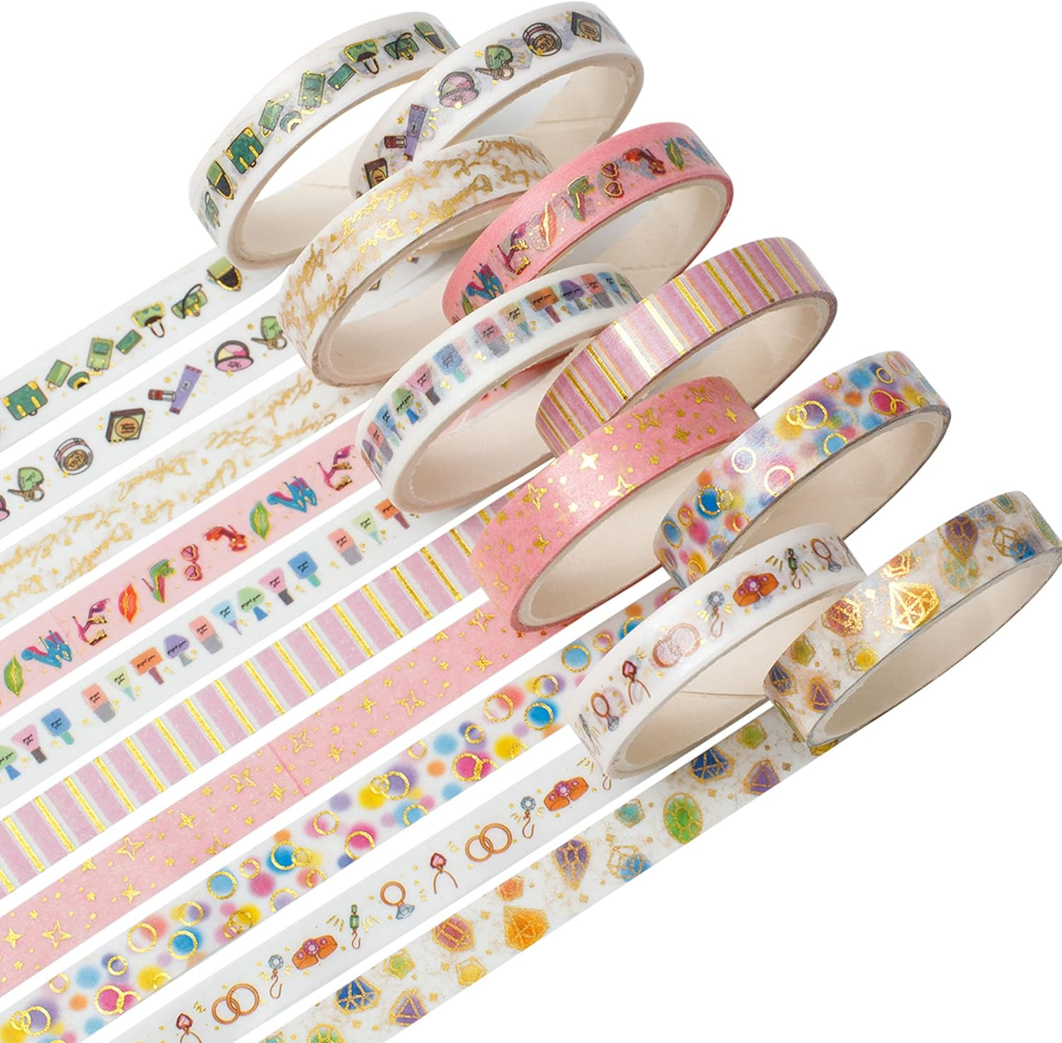 YUBBAEX 10 Rolls Sparkling Washi Tape Set 8Mm Skinny Gold Foil Decorative Masking Washi Tapes for Bullet Journal,Scrapbook, Planner, DIY Crafts (Party Elements)
