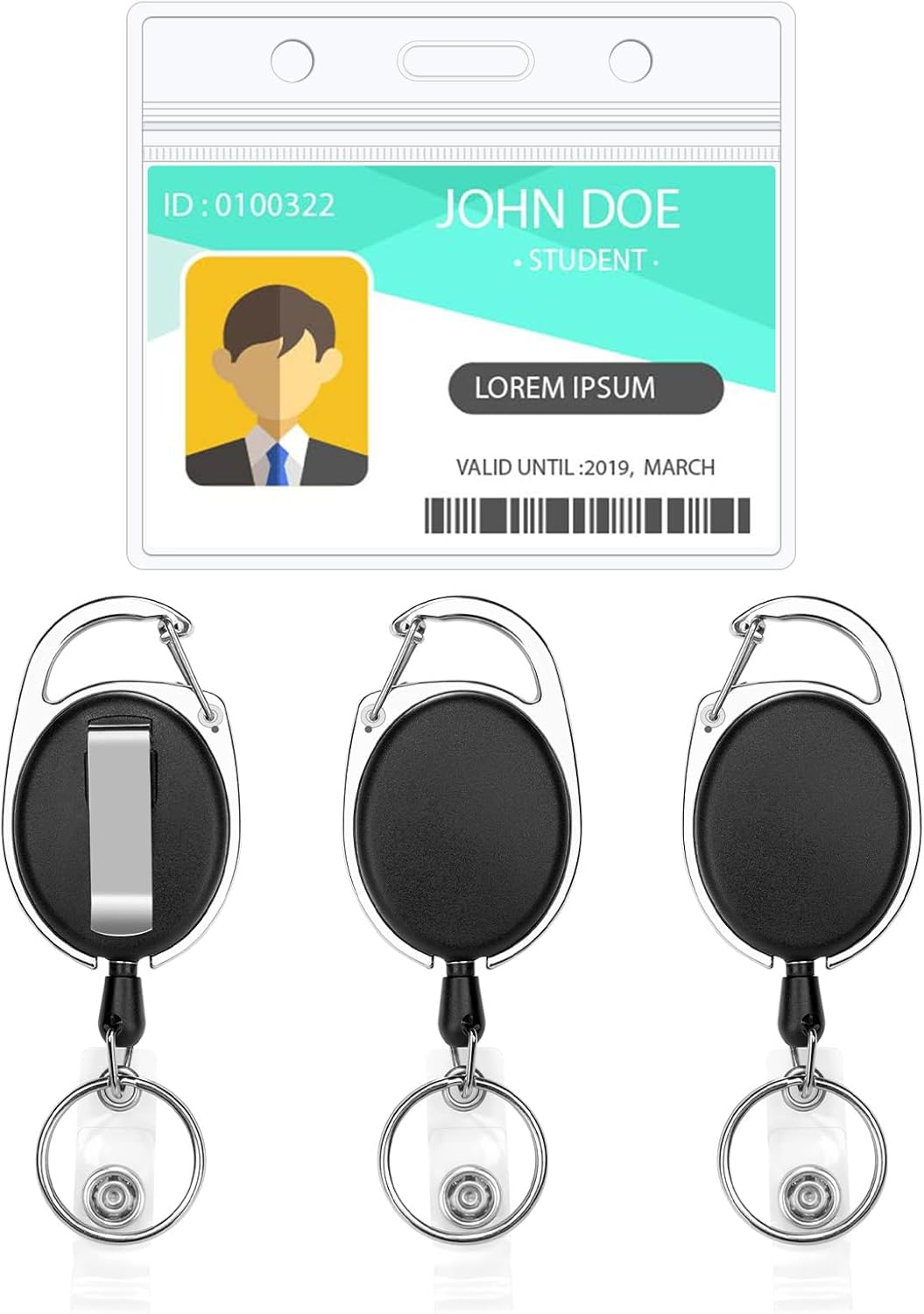 Heavy Duty Retractable Badge Holders with Carabiner Reel Clip and Extra Thick Clear Name Tag ID Card Holders,1Pcs Horizontal Waterproof Card Protector+3 Extra Key Chain Carabiner image number 6