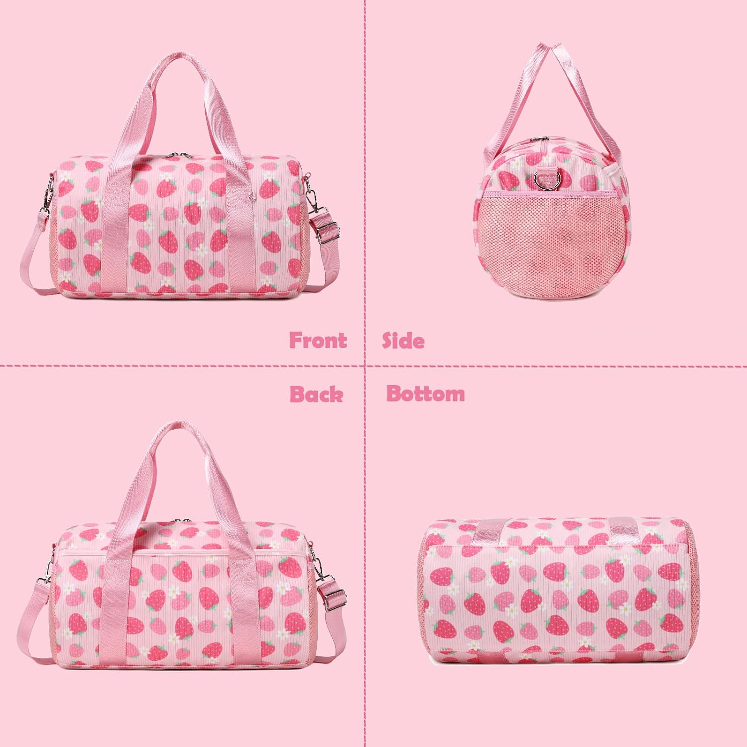 Ballet Bag for Girls, Strawberry Dance Bag with Plush Pendant Small Dance Bag Gymnastics Sport Bag Overnight Travel Sleepover Bags with Wet and Dry for Toddler Girls Age 4-6 image number 5