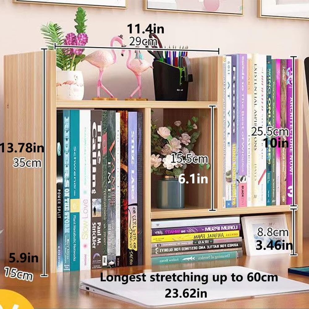 Hbluefat Desktop Organizer Office Storage Rack,Small Adjustable Wood Display Shelf, Expandable Desk Bookshelf, Mini Countertop Bookcase (Light Walnut)