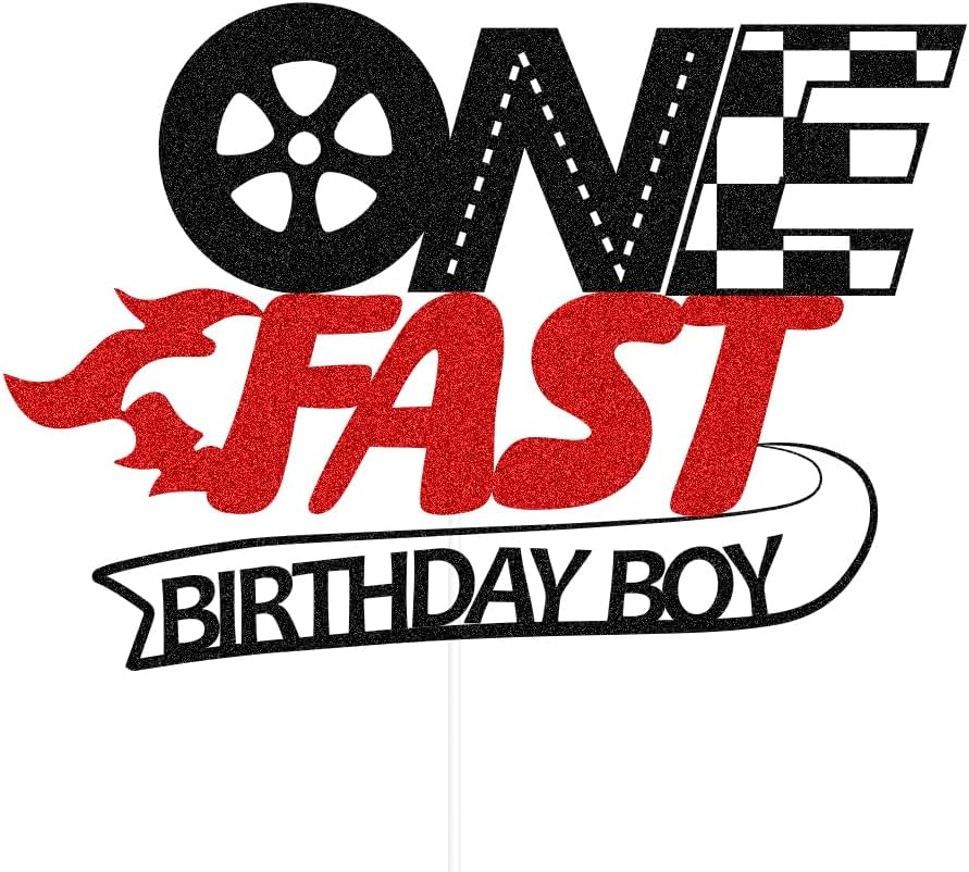 SWEETTALA One Fast Cake Topper Racing Car 1St Birthday Cake Decor Glitter 1St Birthday Party Decorations for Boys Black & Red