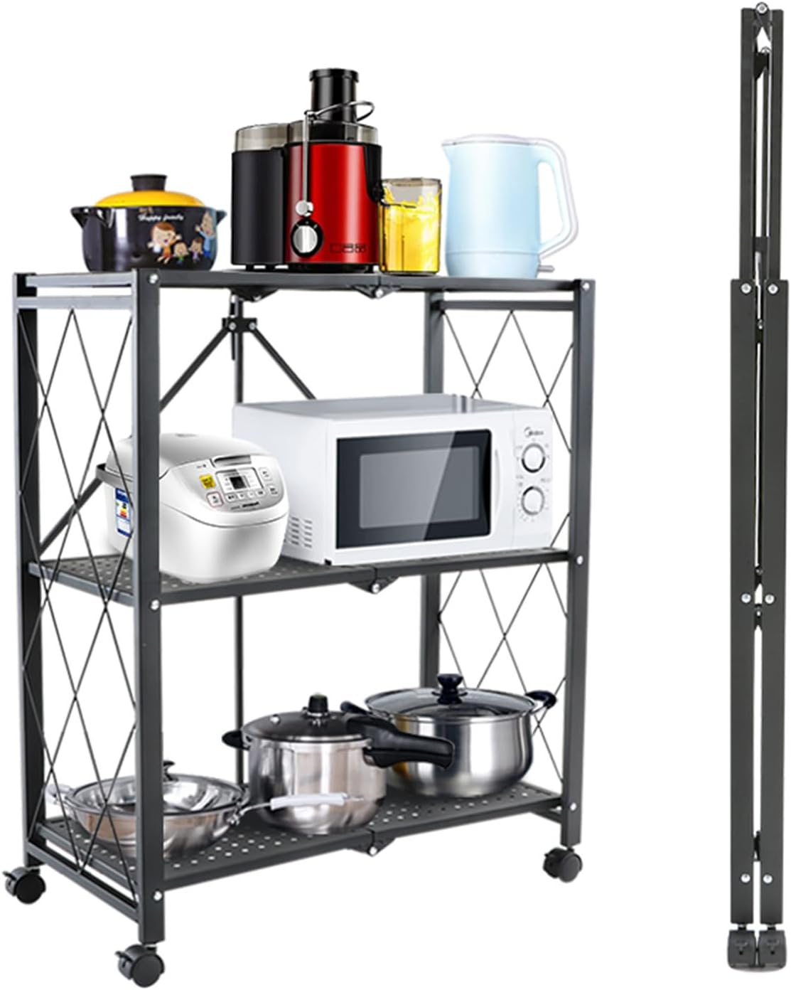 ABCOOL 3 Tier Foldable Mobile Storage Rack Trolley, Durable Movable Shelf Cart, Versatile Open Easy Setup Locker Wheels, Heavy-Duty Steel for Kitchen Office Entryway Dining Living Room Garage Yard image number 2