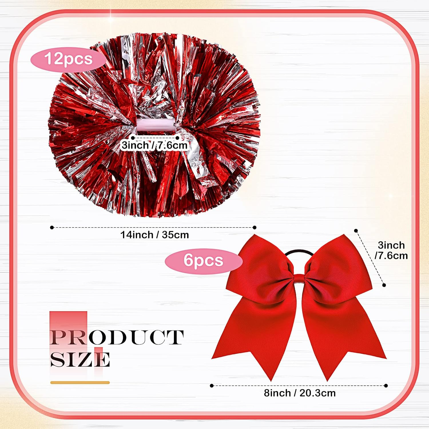 12 Pack 14 Inch Cheerleading Pom Poms and 6 Large Cheerleader Bow Cheer Pom Poms with Baton Handle and Cheerleader Hair Bows for Teen Girls Softball Dance Cheerleader Outfit Uniform (Red) image number 5