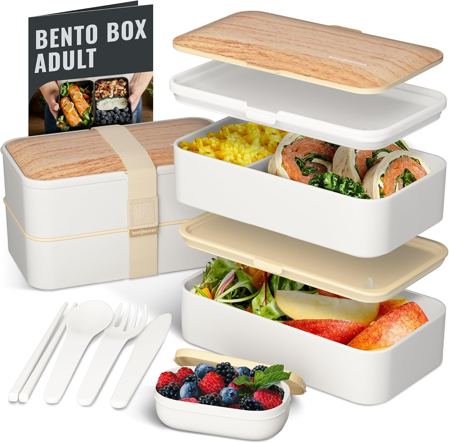 Bentoheaven Premium Bento Box Adult Lunch Box with 2 Compartments (1200Ml), Cutlery & Set of Chopsticks, Large Dip Container, Cute Black Japanese Bento Box, Rectangle, Microwavable (Bright Light)