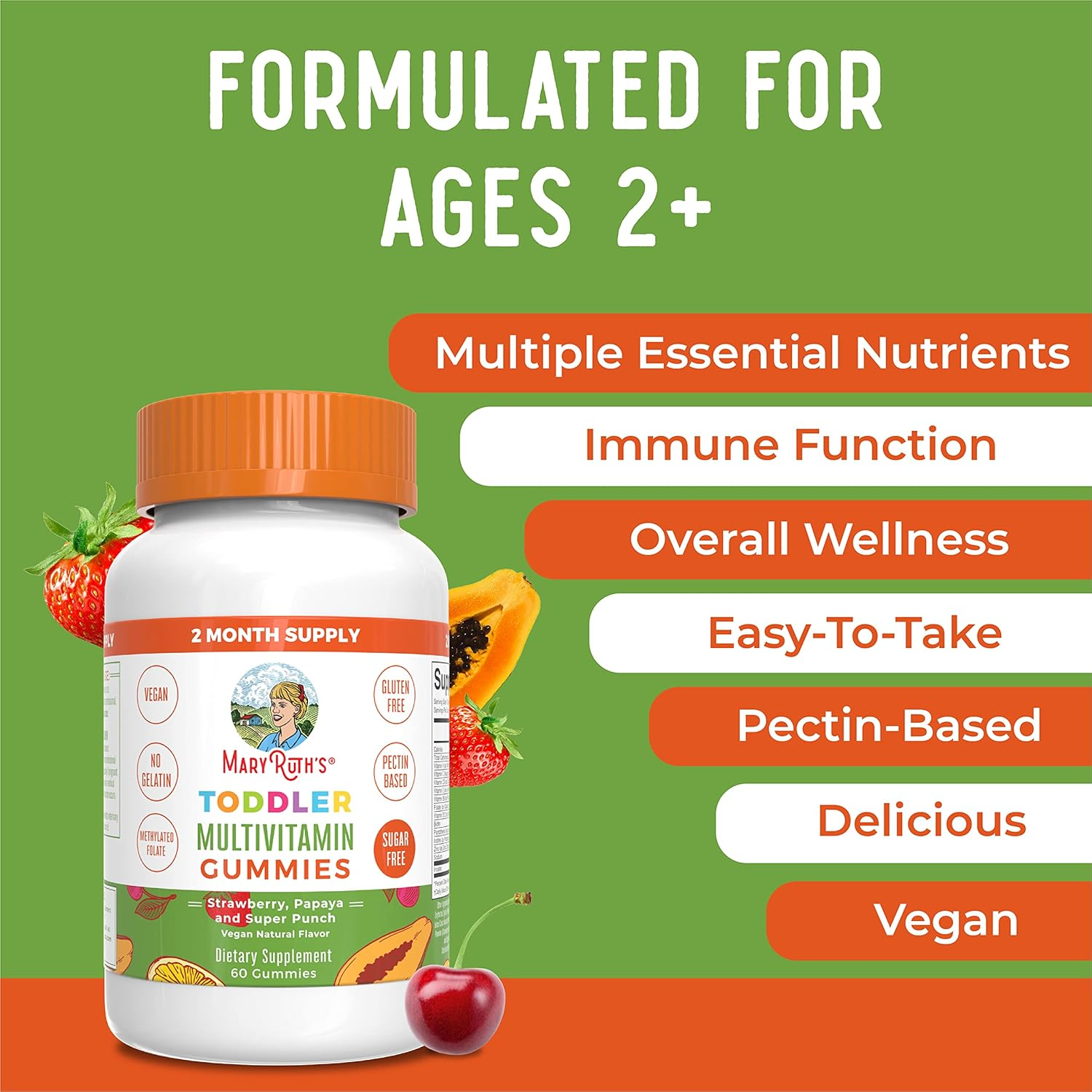 Maryruth Organics Toddler Multivitamin Gummies | Sugar Free 2 Month Supply Kid & Toddlers Age 2+ Daily Multivitamin: Vitamin C, D3, Zinc Kids Vitamins Only 1 Gummy per Day 60 Ct (60 Supply) image number 1