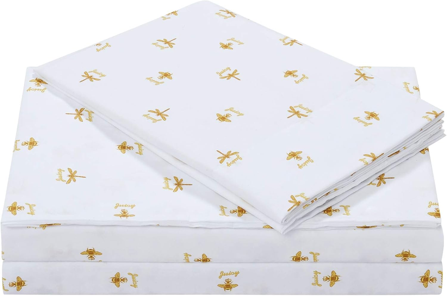 Juicy Couture &ndash; Sheet Set | Queen Bee Design Bed Sheets| Twin Size Bedding | 3 Piece Set Fitted Sheet, Flat Sheet and Pillowcase | Deep Pockets, Wrinkle Resistant and anti Pilling | White and Gold