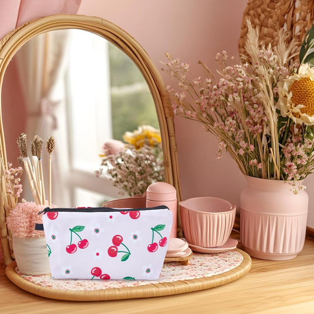 PLIGREAT 2 Styles Cherry Make up Bags Aesthetic Cosmetic Bags Organiser Small Makeup Bags for Women Cherry Motif Portable Zip Pocket Pink Storage of Toiletries