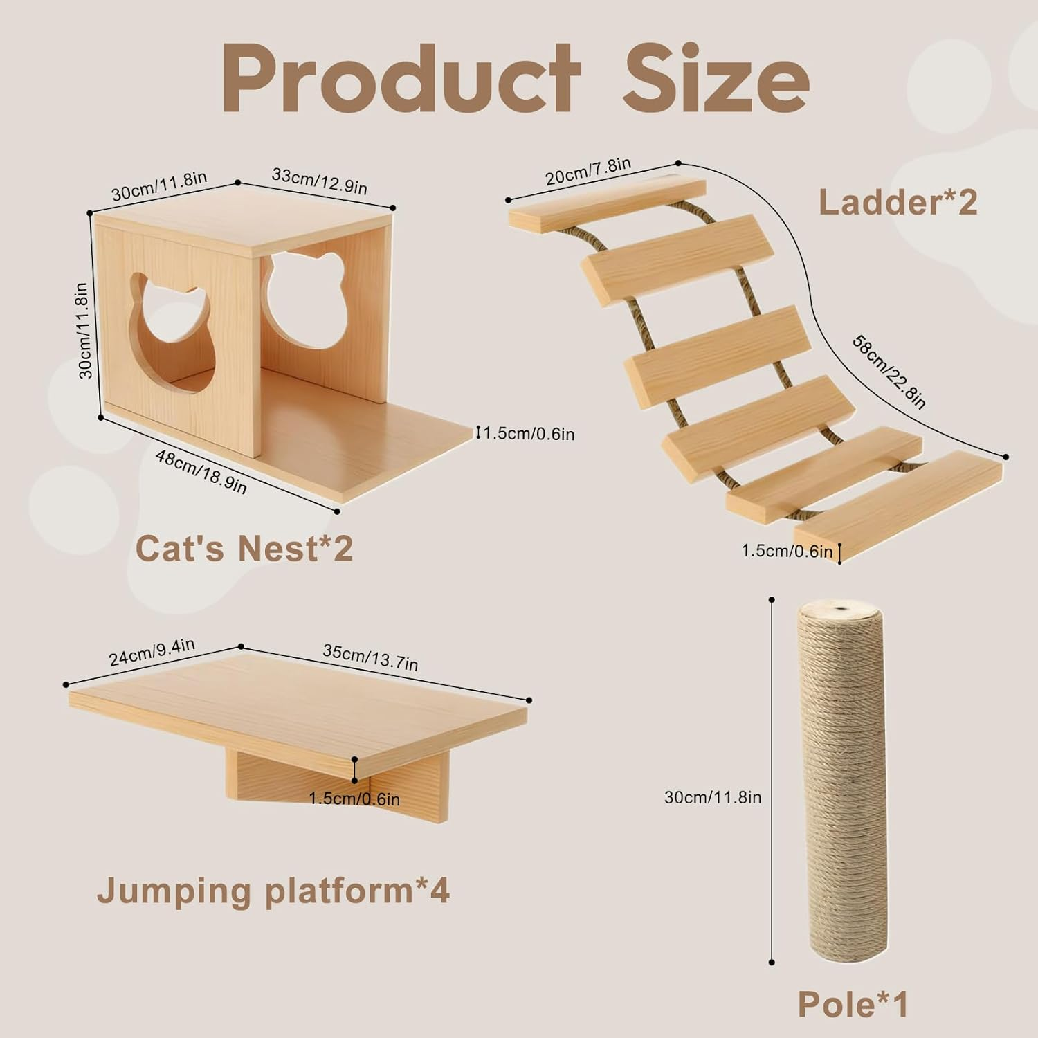 HOOMFIT Cat Wall Shelve, Wooden Climbing Furniture for Cats, Wall Mount with 4 Shelves, 2 Houses, 2 Ladders & 1 Scratching Posts - Wall Mounted (9Pcs) image number 4