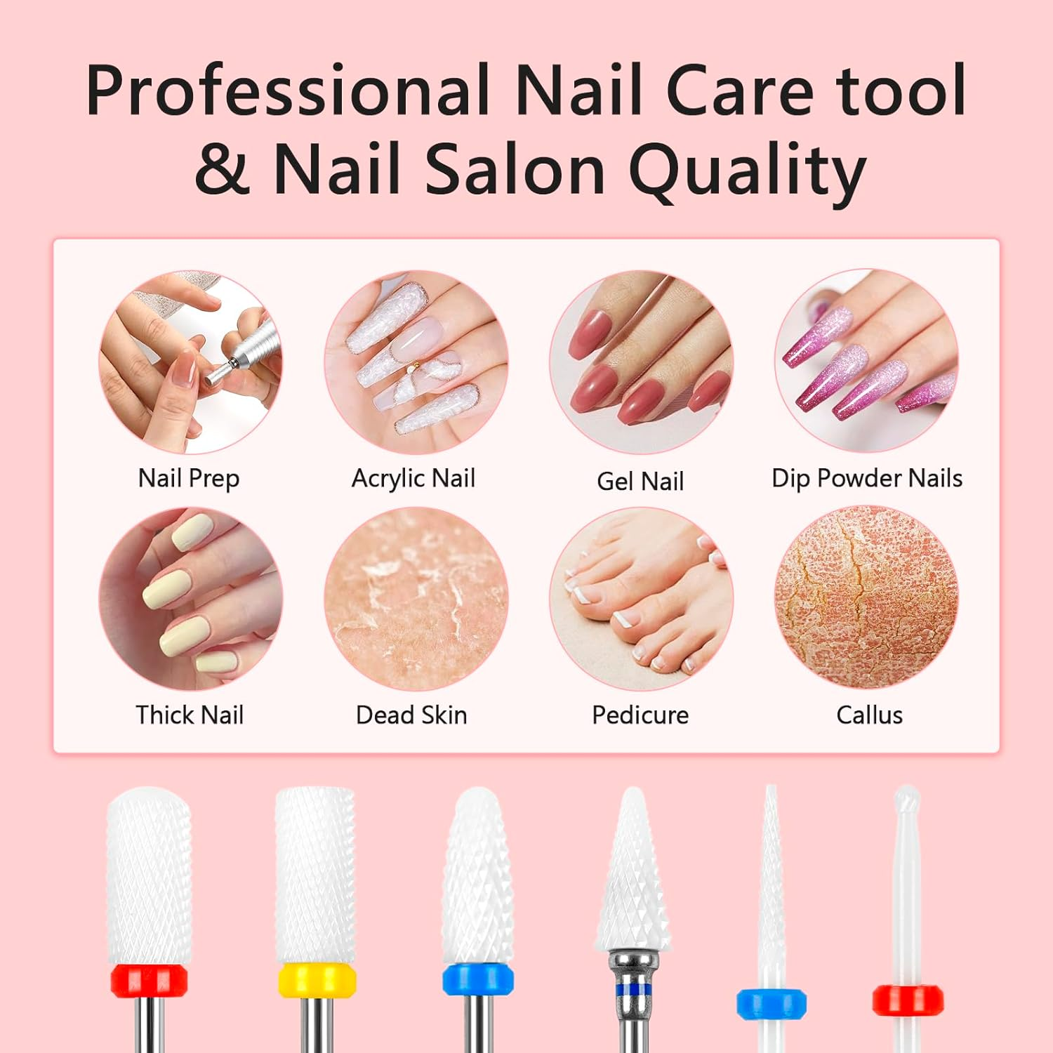 BQAN Nail Drill Bits Set, 6Pcs 3/32 in Drill Bit for Nail Tech Ceramic Bits for Remove Cuticle Acrylic Gel Polish Nail Manicure image number 1