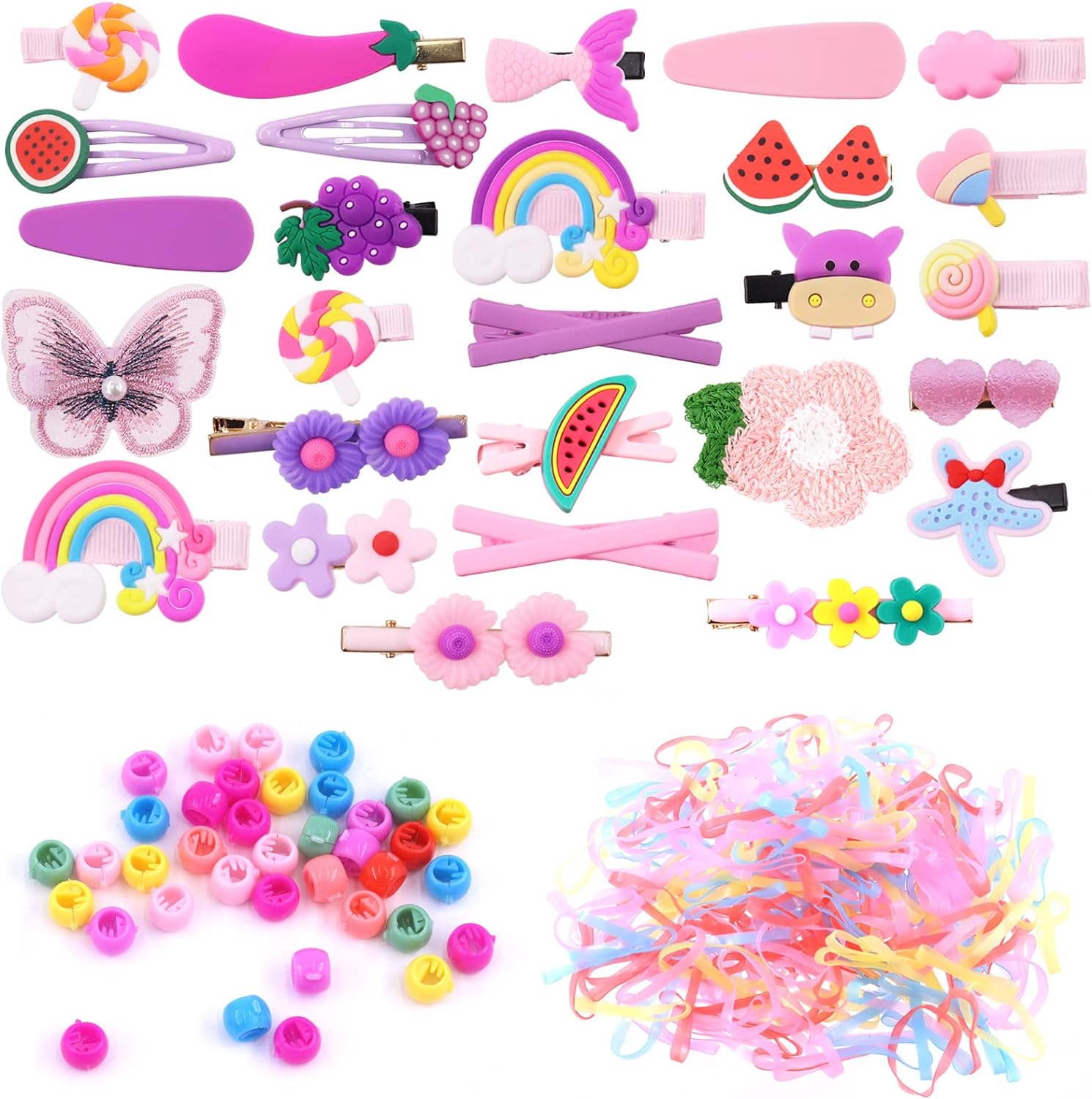 Rustark 68Pcs Baby Girls Hair Clips Cute Hair Barrettes Accessories with 260Pcs Rubber Bands Set Colourful Lovely Rainbows Fruits Dessert Flowers Butterfly Assorted Hair Clips for Girls Toddlers Kids Hair Accessories image number 6