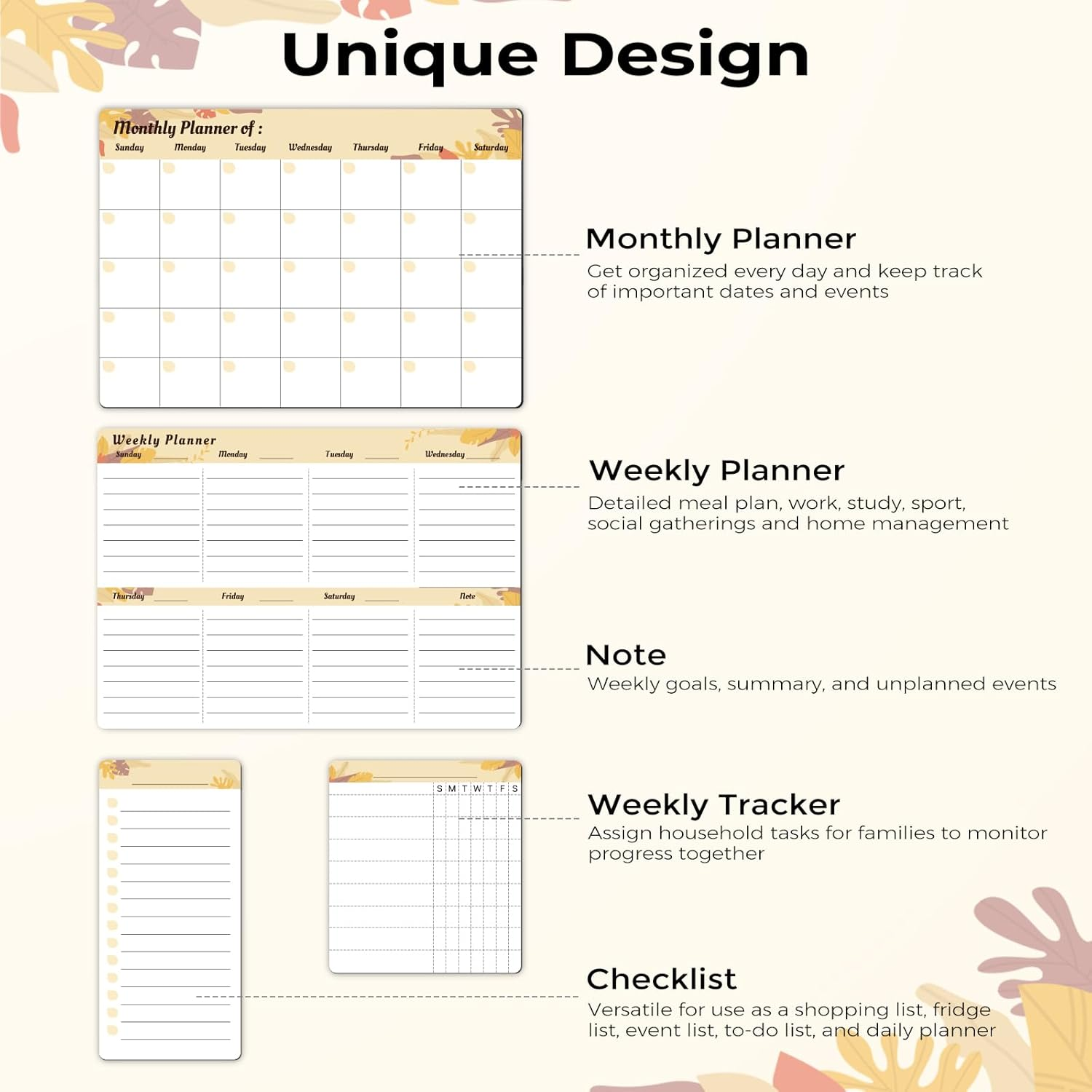 Refrigerator Calendar Magnetic, 16.3X11.7&rdquo; (4-Pack) &ndash; Weekly & Monthly Planner, Chore Chart, Grocery/To-Do List for Fridge, Includes 8 Markers, 6 Magnets & 1 Eraser for Kitchen, Yellow - Yellow image number 6