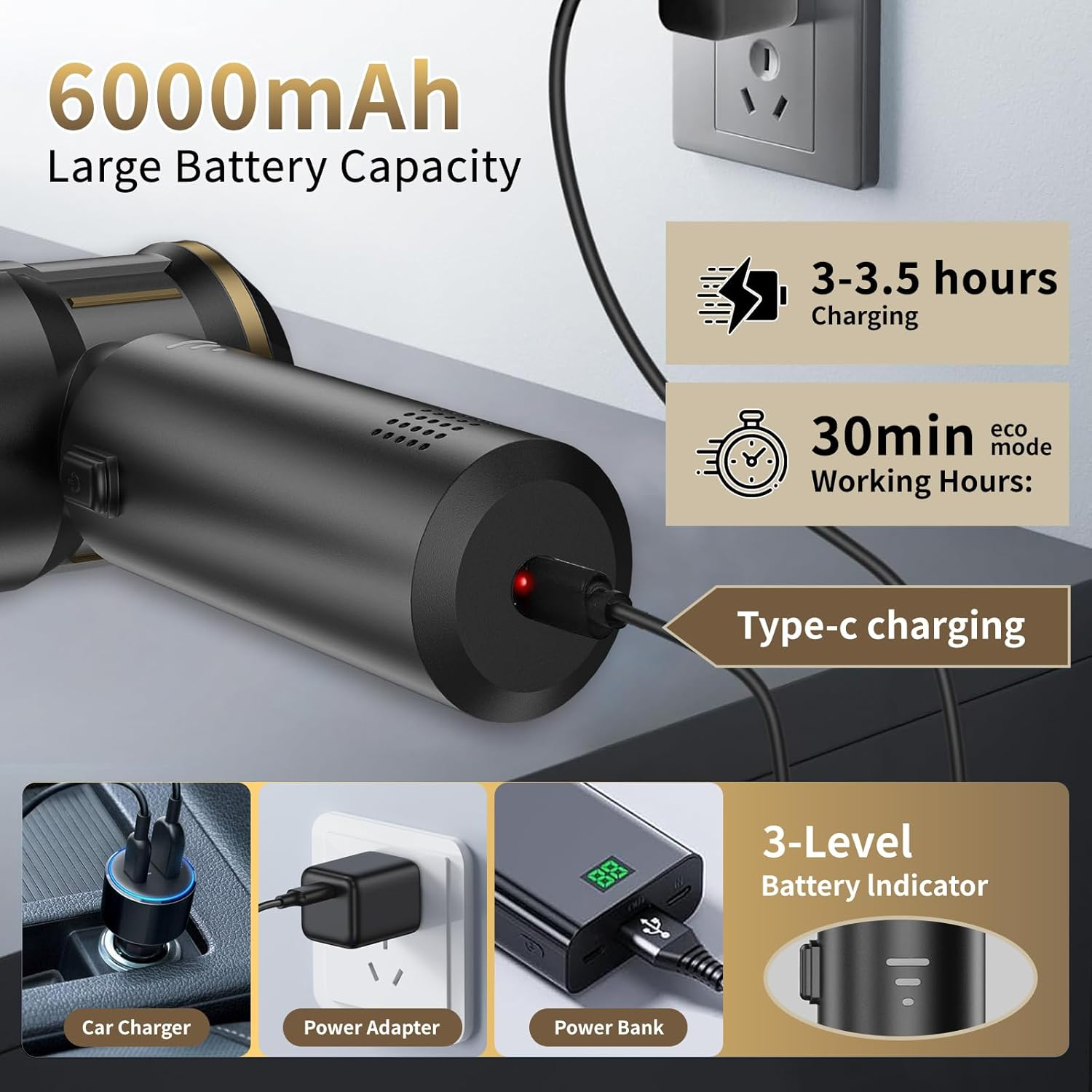 Car Vacuum Cleaner, Koreal 4 in 1 Handheld Vacuum Cleaner Cordless with Brushless Motor, 16000Pa High Power Vacuum Cleaner, Mini Vacuum Rechargeable for Home, Car, Office image number 4