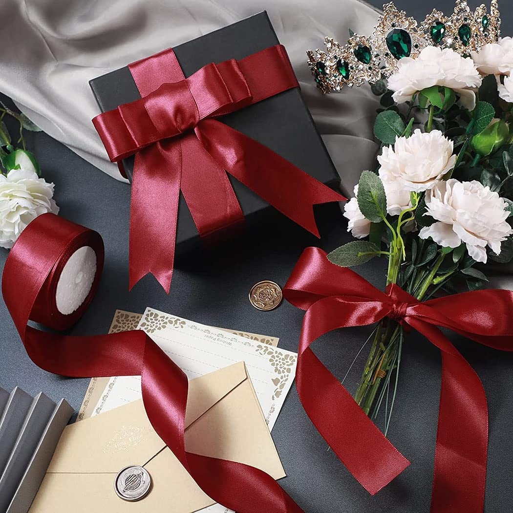 Wine Red Satin Ribbon 1 Inch X 50 Yards, Solid Color Fabric Ribbon for Gift Wrapping, DIY Crafts, Hair Bows Making, Wreath, Wedding Party Decoration and Sewing Projects (Wine Red) - Red image number 5