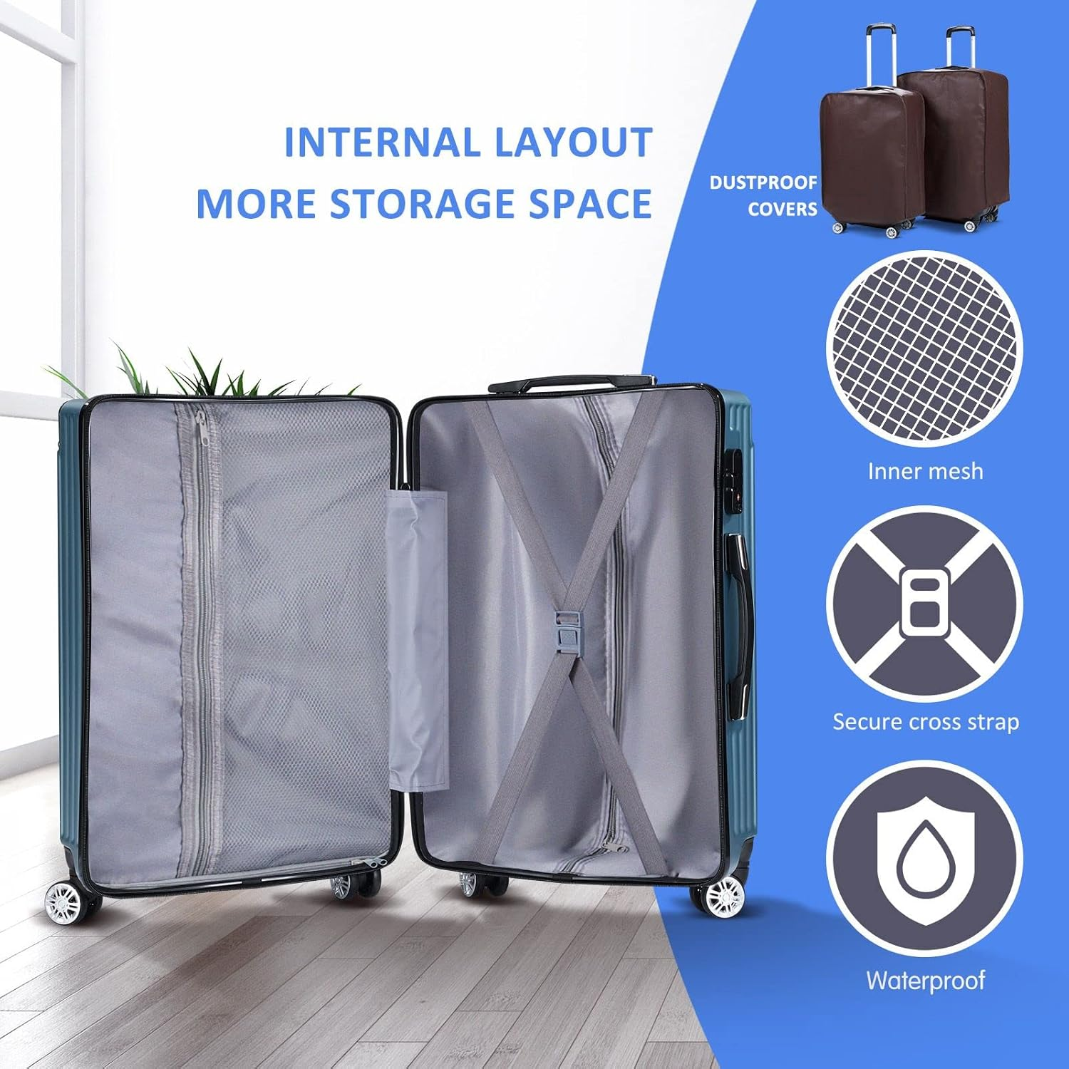 4Pcs Luggage Set Carry on Suitcase Traveller Bag Hard Shell Front Hook Lightweight Ice Blue