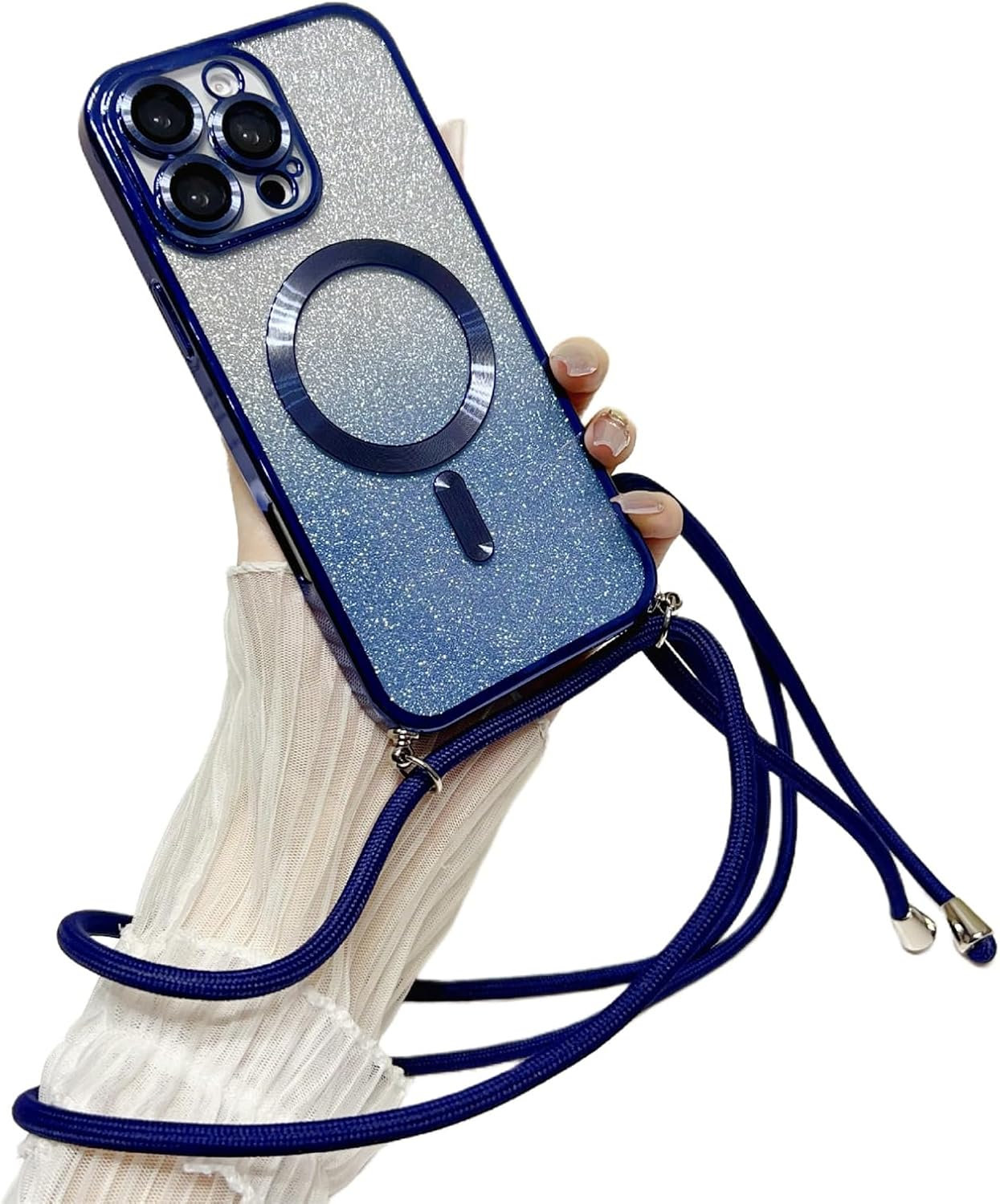 Emlivi Magnetic Mobile Phone Chain Case for Iphone 15 Pro Max, Magnetic Necklace Mobile Phone Case, Glitter, Transparent TPU Case with Cord, Adjustable Lanyard, Protective Case for Iphone 15 Pro Max