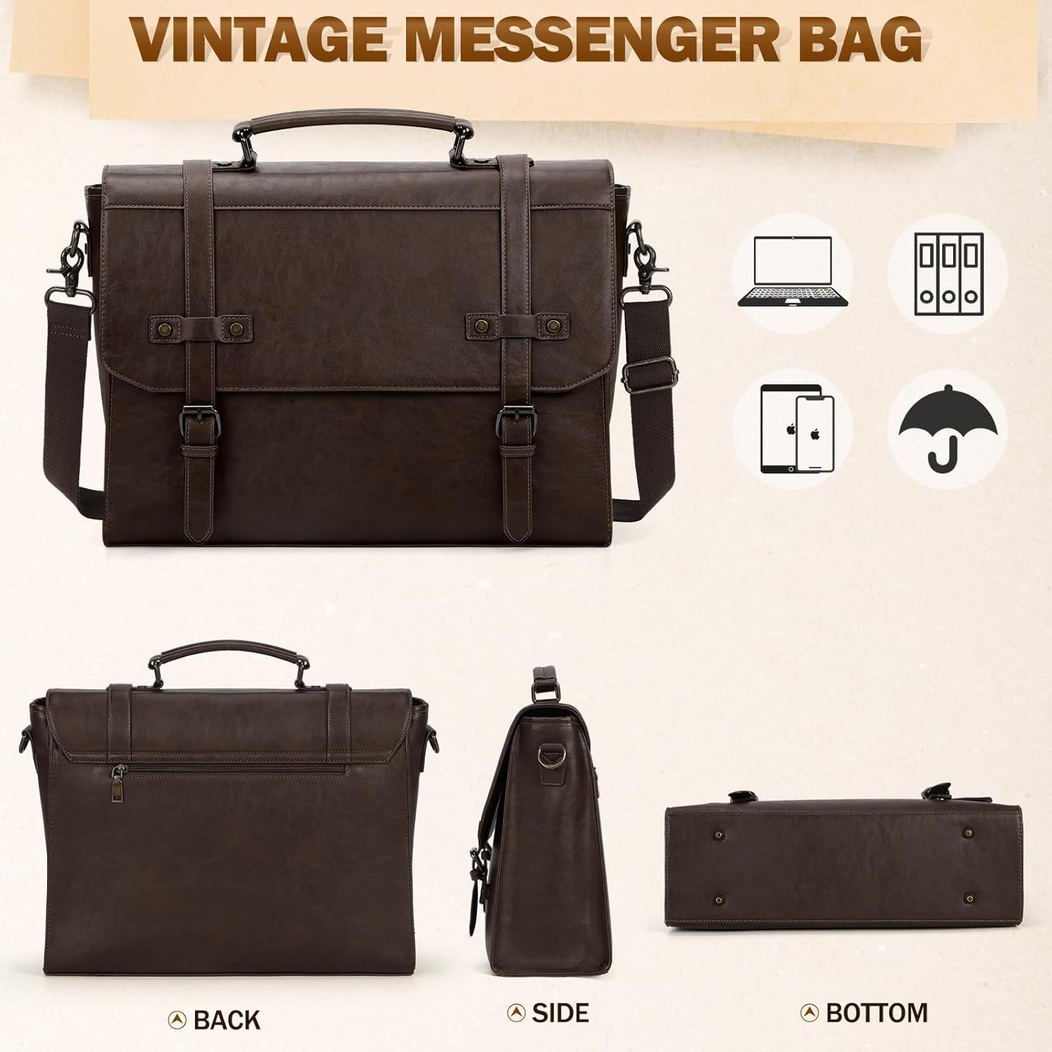 Mens Messenger Bag 17 Inch Waterproof Vintage Leather Laptop Briefcase Large Laptop Bag Satchel Bag Computer Shoulder Bag - Coffee image number 2