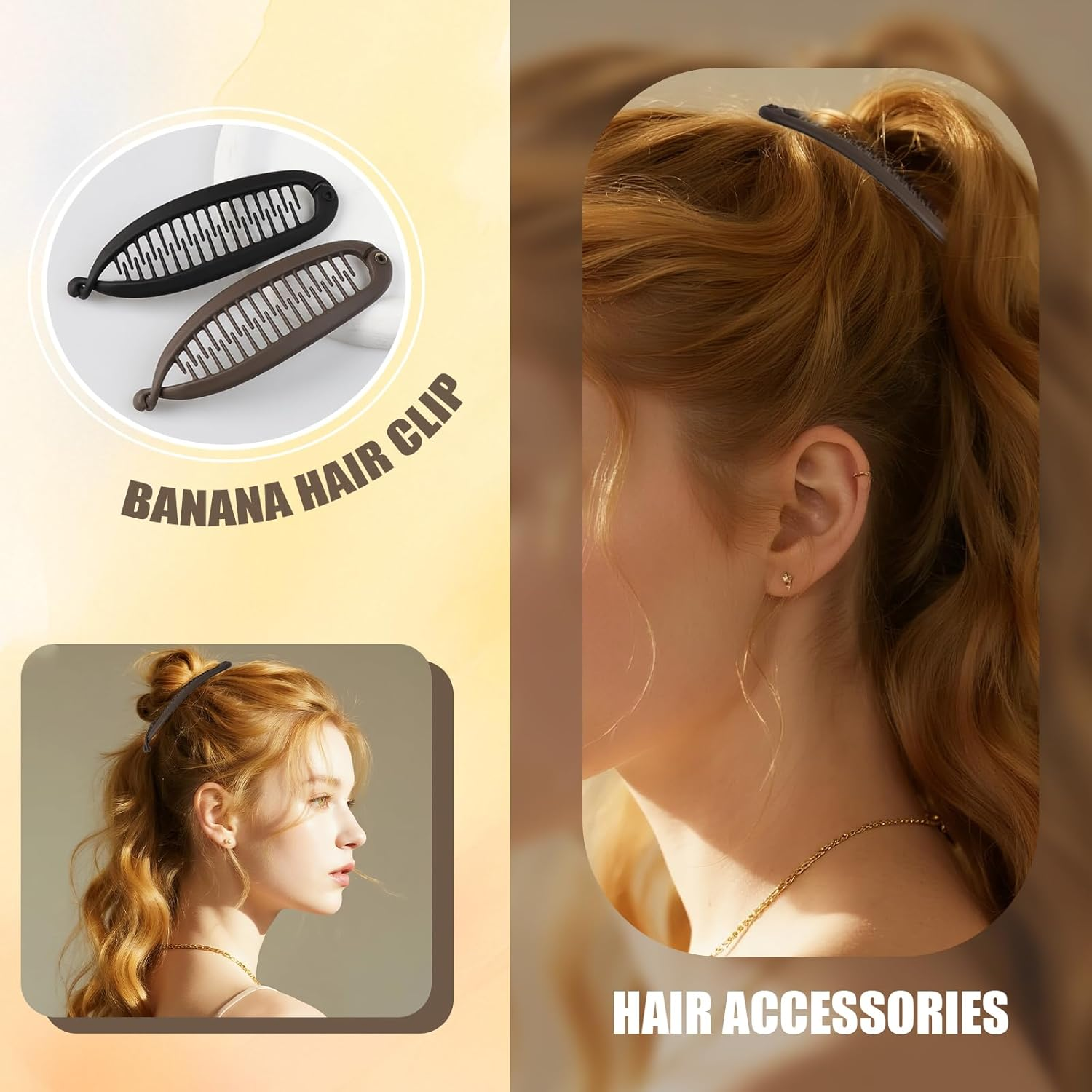 2PCS Banana Clips for Women Thick Thin Hair Large Claw Clips Classic Banana Clip for Hair Curly Hair Styling Curly Lady Ponytail Retro Accessories for Women Girls(Black,Brown) image number 3