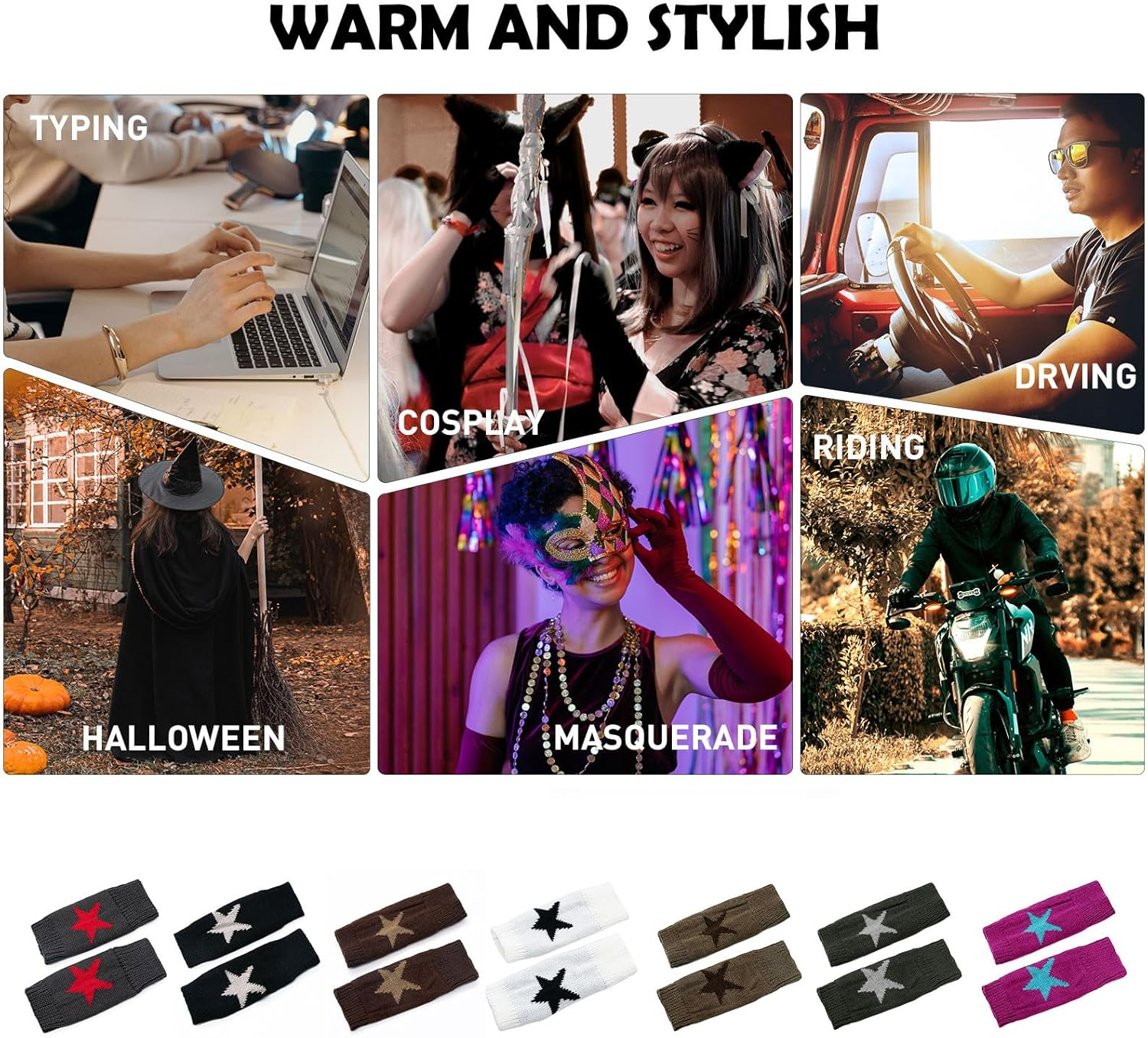 YAMEIZE Fingerless Star Printed Knitted Gloves - Wrist Warmers Mittens Knitted Gloves for Women Men Typing