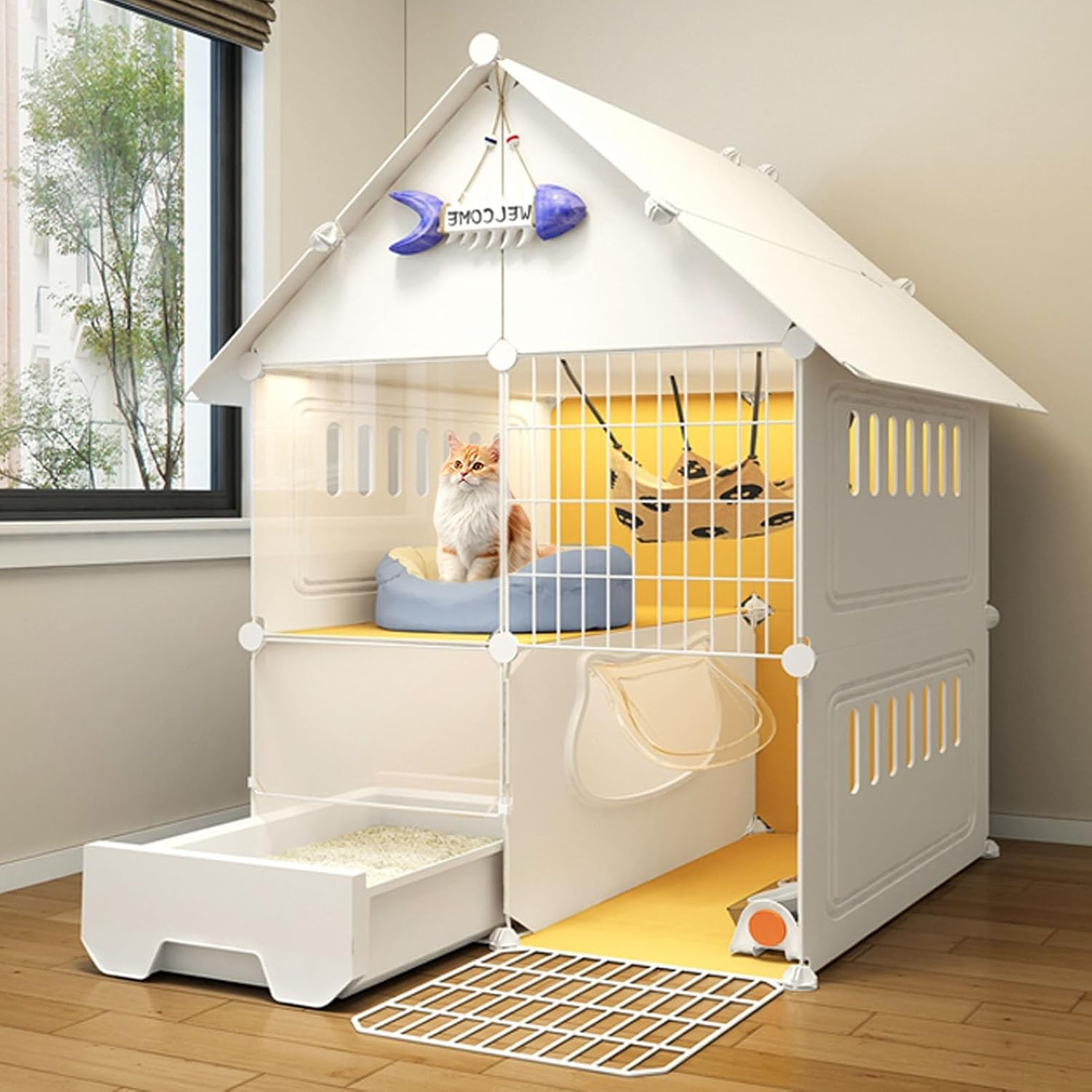 Cat Enclosures Indoor, DIY Cat Cage Detachable with Litter Box, Cats Plaype with Triangular Roof, 2-Tier Cute Cats House, Easy to Install(39Cm/15.4In)