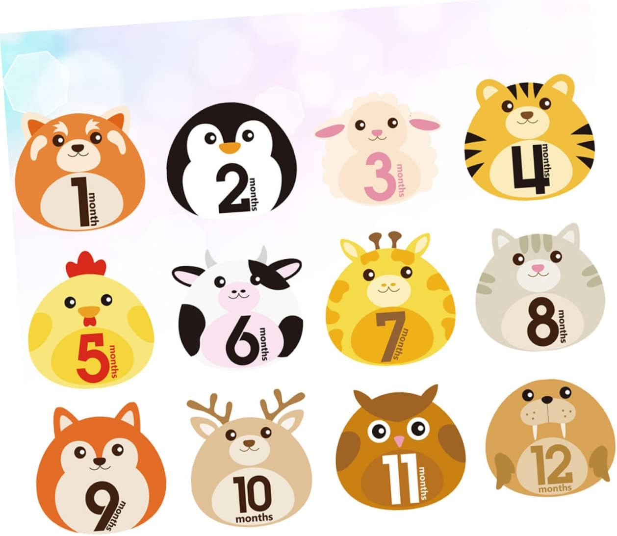 12Sheets Monthly Stickers for Newborn Animal Design Milestone Belly Stickers Self-Adhesive Decals for Photos