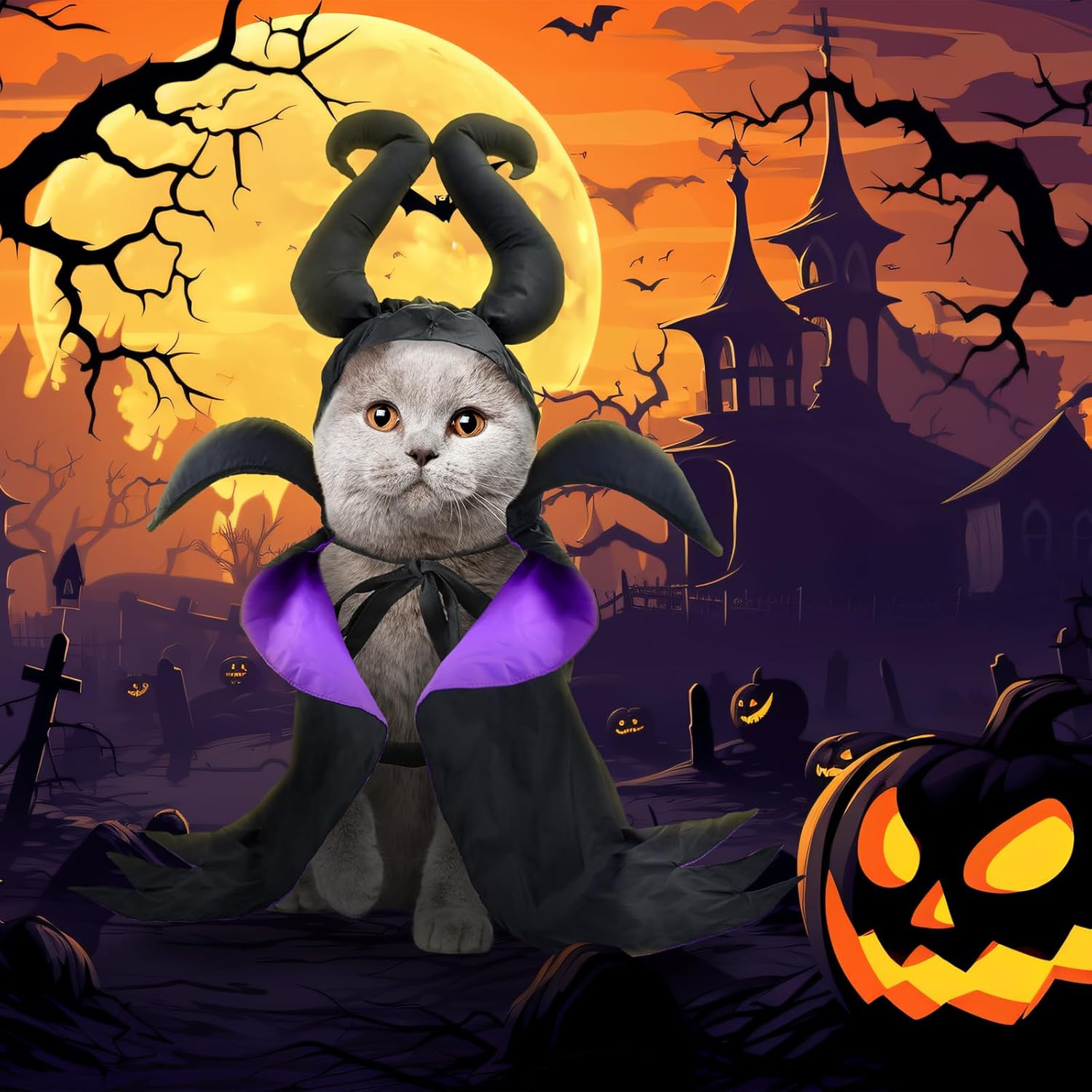 Shurung Puppy Halloween Witch Shaped Costume Cat Purple Vampire Cape Puppy Wizard Devil Horns Hat Pet Holiday Outfit for Cat Small Dog image number 3