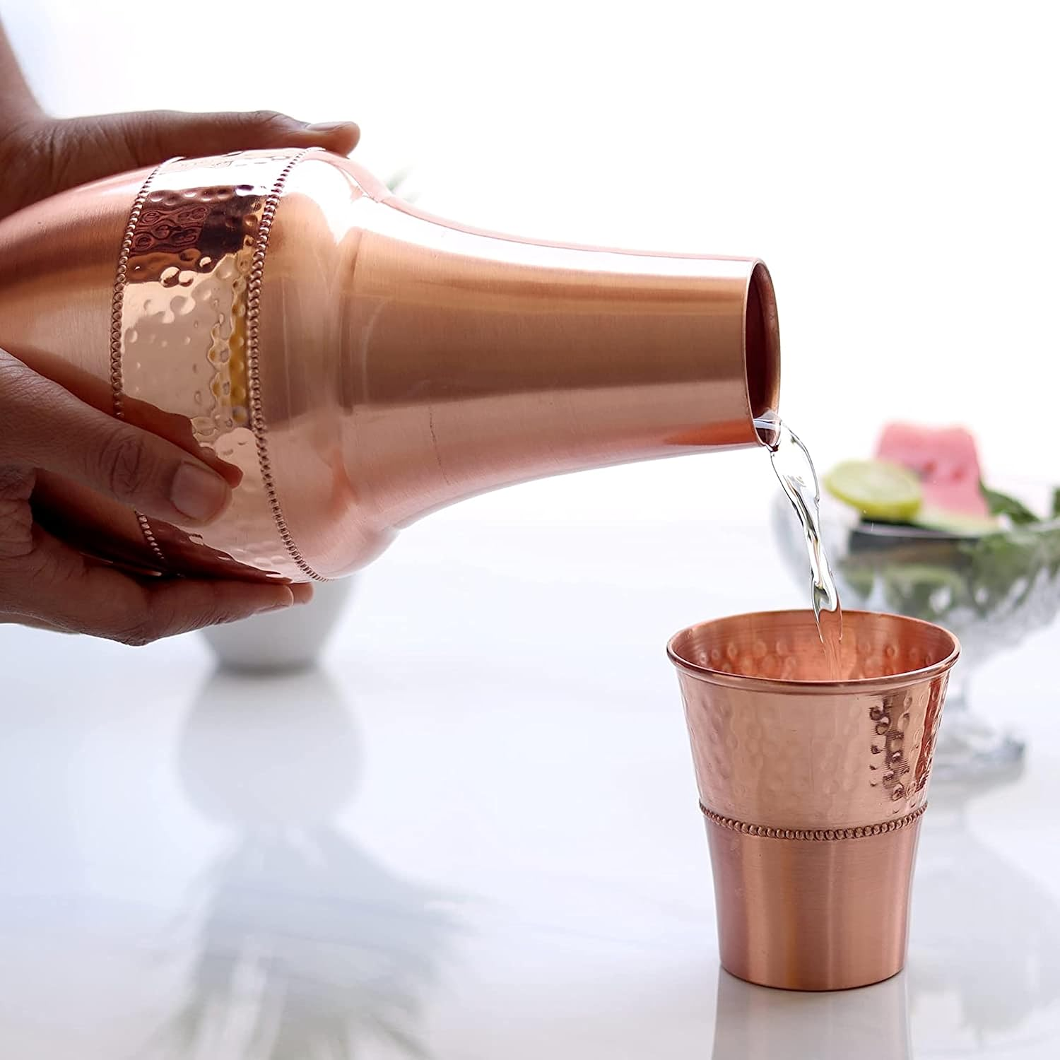 Pure Copper Bedside Carafes, Flask with Tumbler for Ayurveda Health Benefits - Capacity - 1.4 Lt (47.3 US Fluid Ounce) image number 2