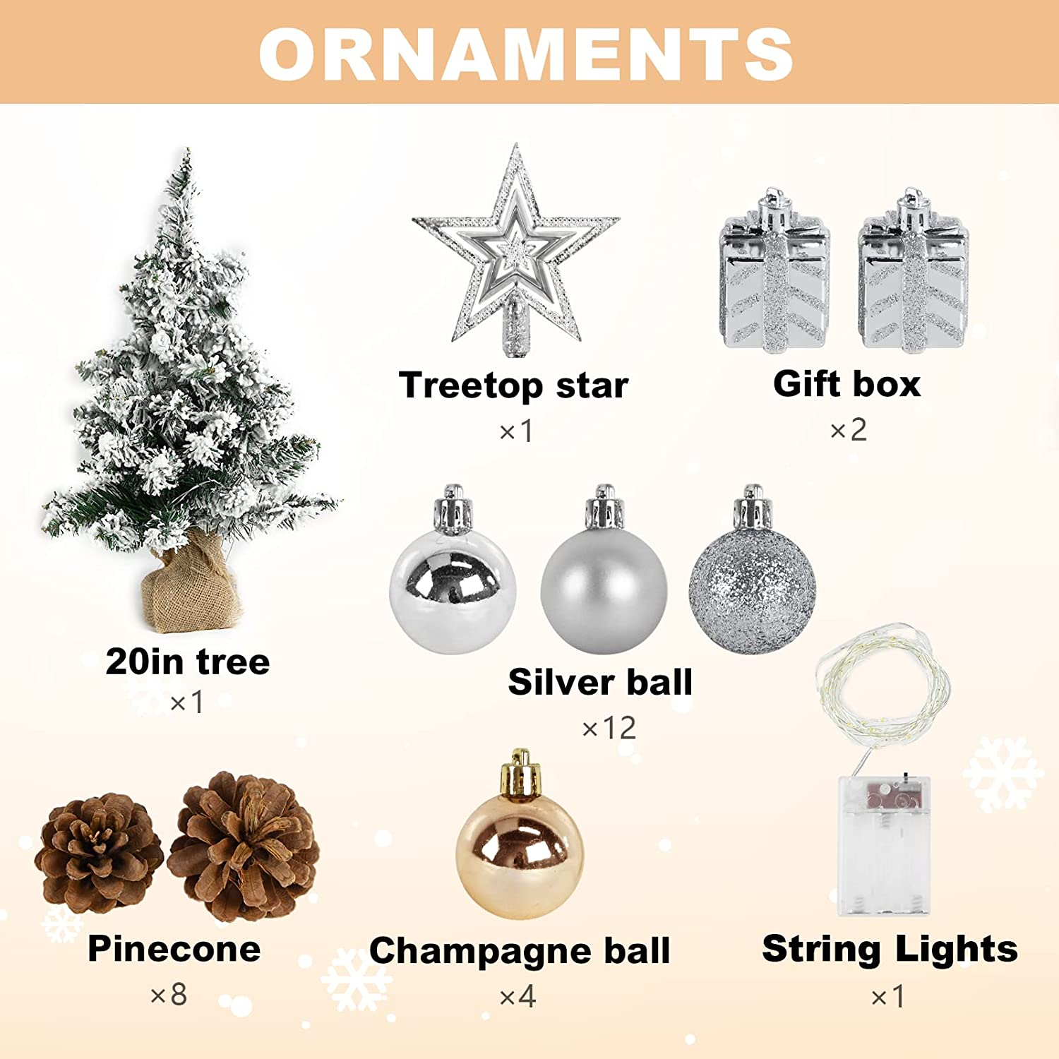 24 Inch 2FT Snowy Mini Christmas Tree, Small Tabletop Flocked Tree with LED Lights, Pine Cones, Balls, Star Tree Topper, Mini Gift Box and Cloth Bag Base, Xmas Decorations (Mini Christmas Tree) image number 5