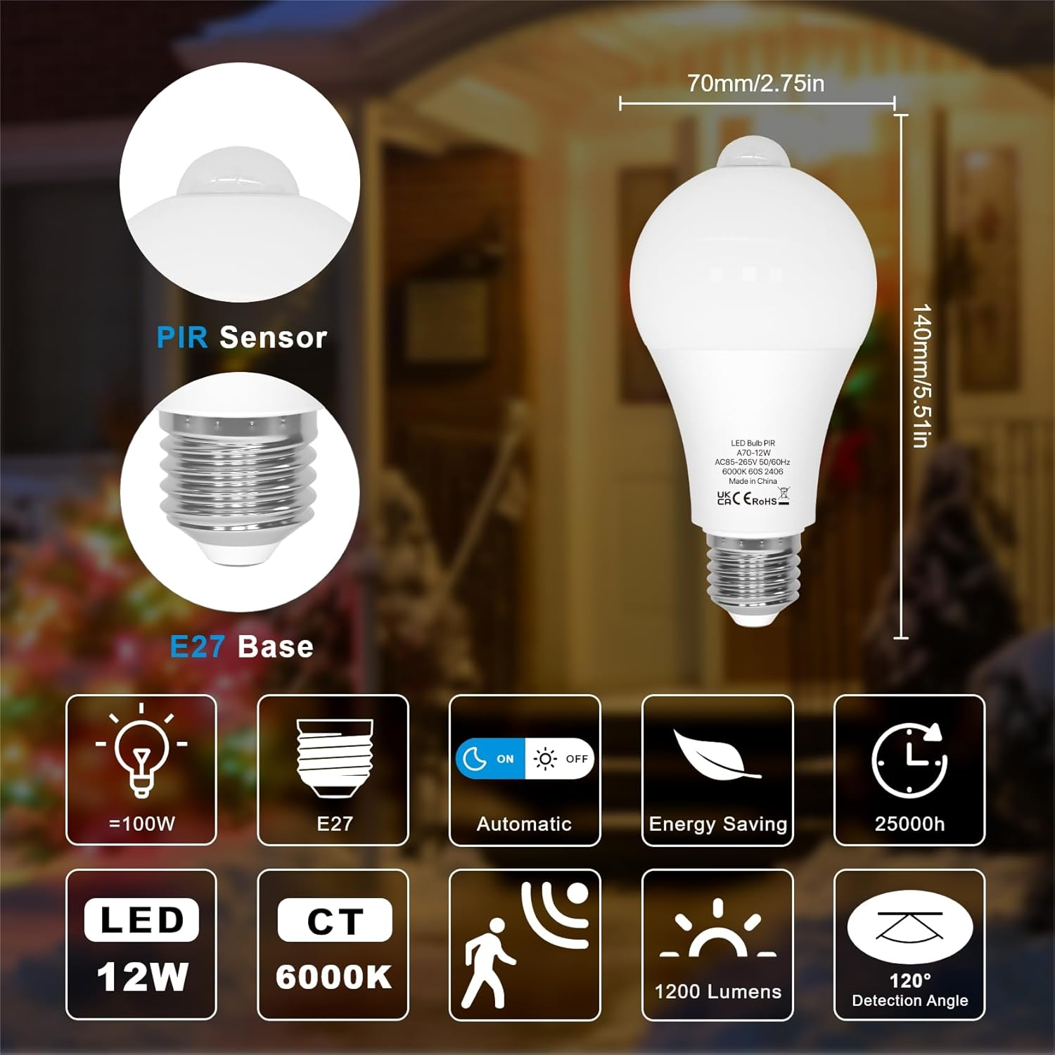 LUTW Motion Sensor Light Bulb, 12W E27 Screw Bulb Cool White 6000K, Equivalent to 100W Incandescent, 900LM Auto On/Off Indoor Outdoor Security LED Bulb for Garage, Stairs, Hallway Basement, 2 Pack image number 2
