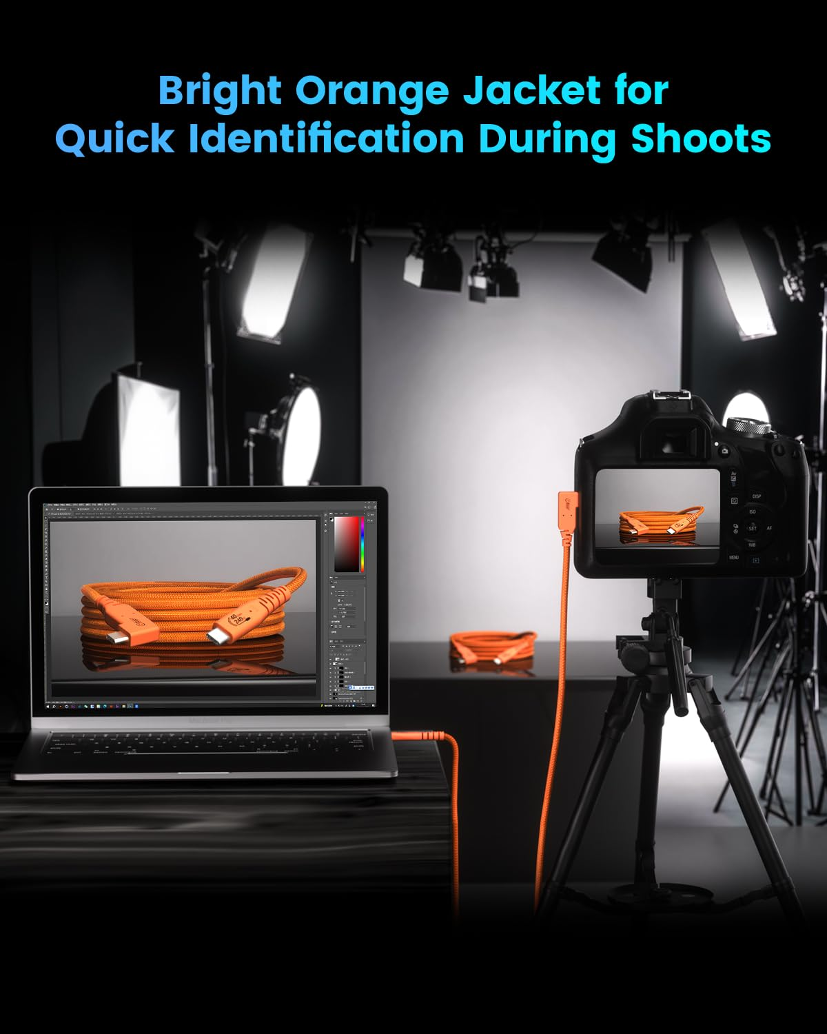 USB C Tethering Cable 5M, Right Angle USB 4 Video Cable with PD 240W, 4K@60Hz 20Gbps Link Cable for Fast Transfer and Connection between Camera and Computer-Sony A7Iv/Canon R5/Macbook Pro (Orange) image number 2