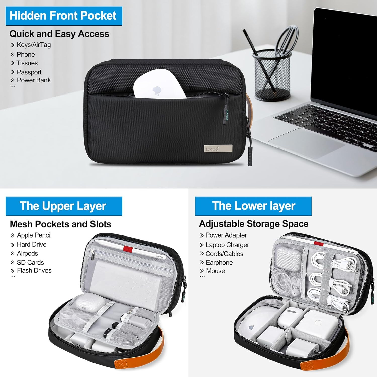Lacdo Electronic Organizer Travel Cable Organizer Bag Pouch Tech Electronic Accessories Carry Case Portable for Cords, Cables, Chargers, Power Adapter, Phone, Power Bank, Flash Drives, SD Card, Black image number 6