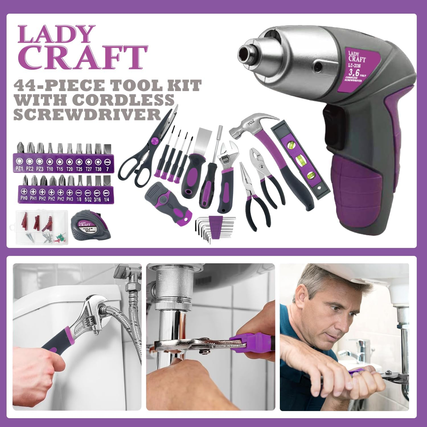 Werktough 44PCS 4V Cordless Screwdriver Tool Kit Set Pink Color Tools Lady Tools Kit Home Repair Set Toolbox Hand Tool Kit Storage Case Gift Set LADYCRAFT image number 4