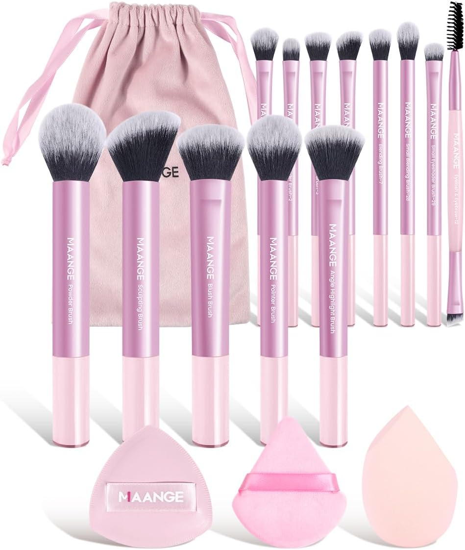 MAANGE 16PCS Makeup Brush Set Travel Makeup Brushes for Liquid Powder Contour Concealer Cream Cosmetics Blending Eyeshadow Eyeliner (Coffee)