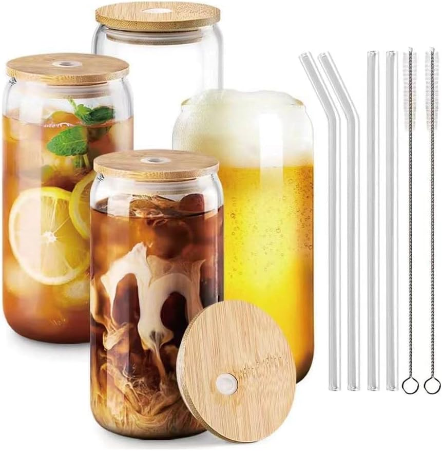 Glass Tumbler Set with Lid and Straw, 16 Oz, Set of 4, for Bubble Tea, Smoothie, Beer, Cocktail, Coffee image number 2