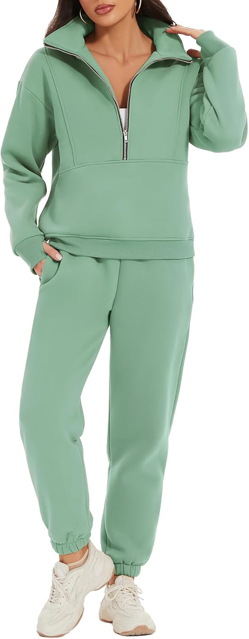 PEHMEA Women'S Fleece Two Piece Outfit Half Zip Sweatshirt and Joggers Pants Set Tracksuit image number 4