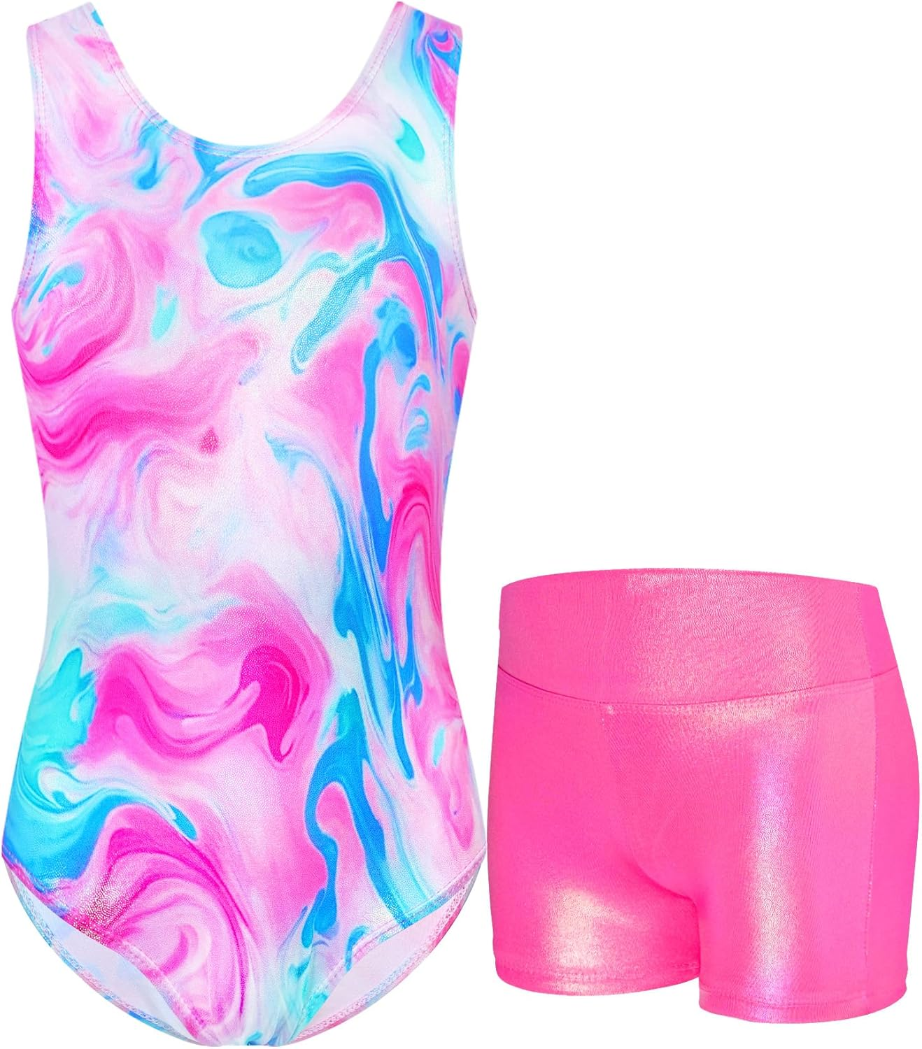 Gymnastics Leotards for Girls Sparkly Tumbling Bodysuits with Shorts Athletic Activewear Sleeveless Dance Outfit