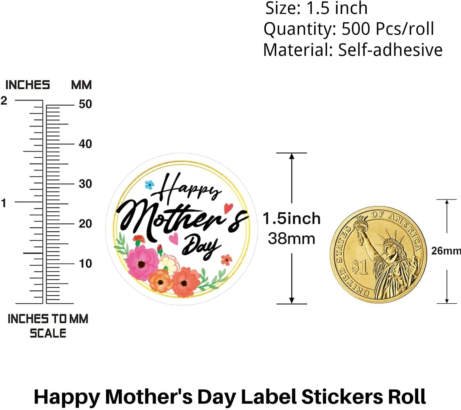 Happy Mother'S Day Label Stickers Roll，1.5 Inch 500 Pcs Love Heart Mothers Day Stickers, Gift Tag Stickers for Envelope Seals Party Gift Favors Box Cards Decorations image number 1