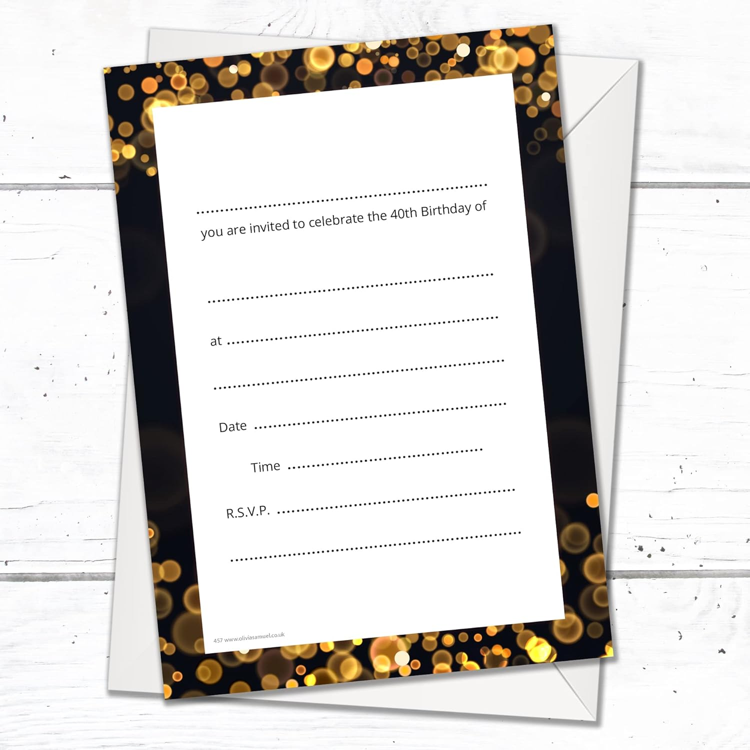 Olivia Samuel 20 X 40Th Birthday Party Invitations with Envelopes - Ready to Write - Black and Gold Effect - Designed and Printed in the UK image number 2