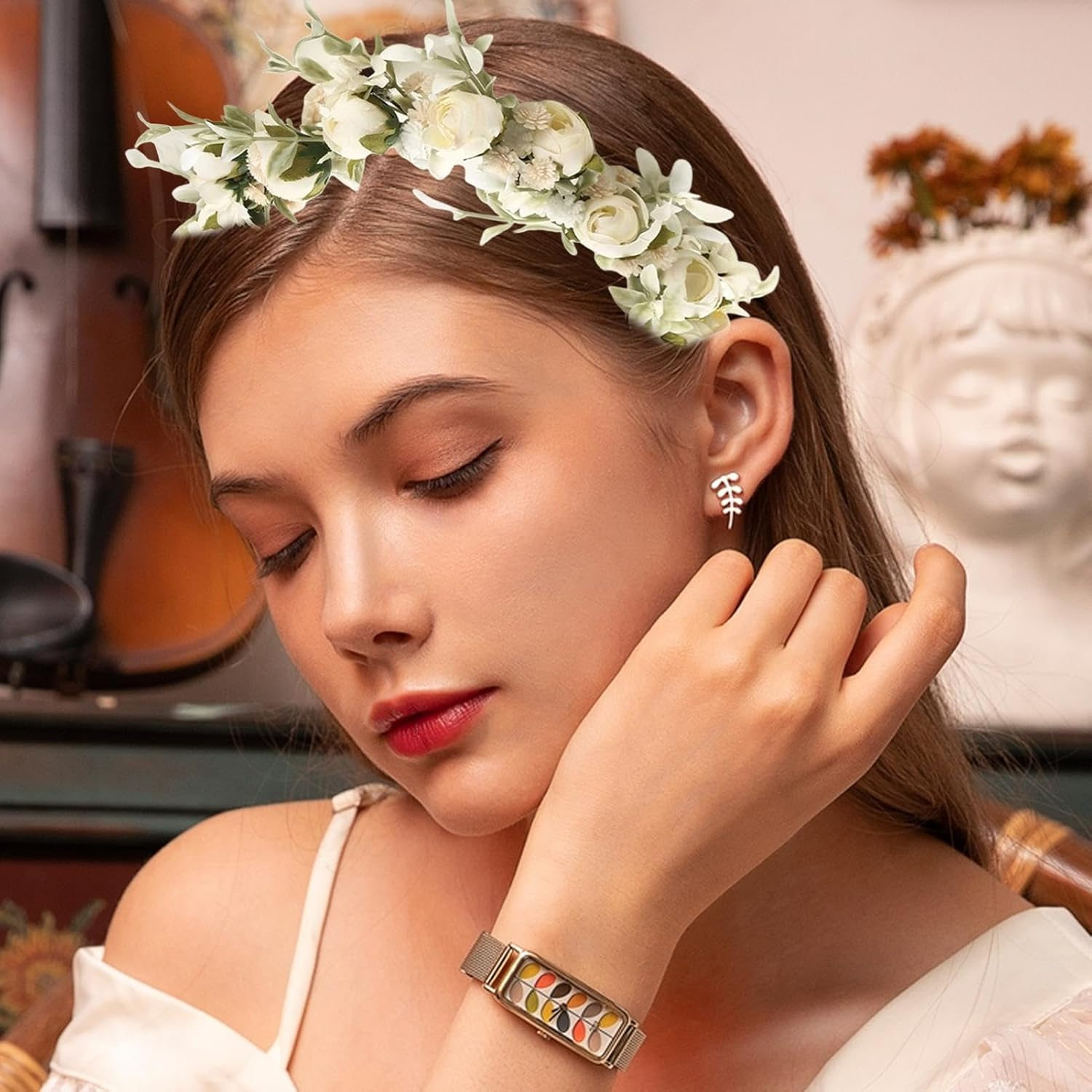 Floral Headband | Flower Wreath for Hair - Festive Parties Decoration, Adjustable Artificial Flower Crown Garland Photo Prop for Women Girls image number 2