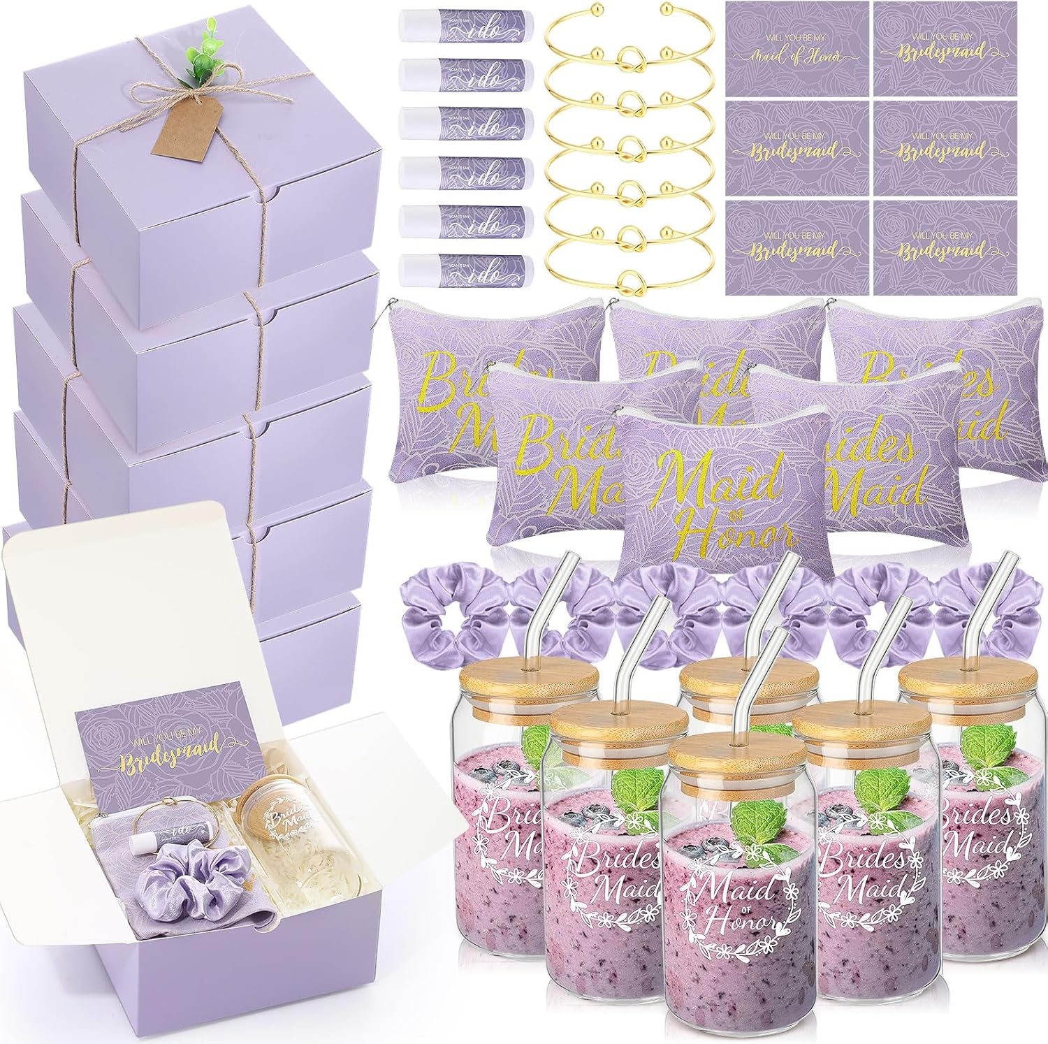 Filltouch 54 Pcs Bridesmaid Proposal Gifts, Maid of Honor Gift Include Wedding Gift Box Makeup Bag Invited Card Glass Cup Lip Balm Scrunchie Bracelet for Bridal Shower Bachelorette Party(Purple) image number 5