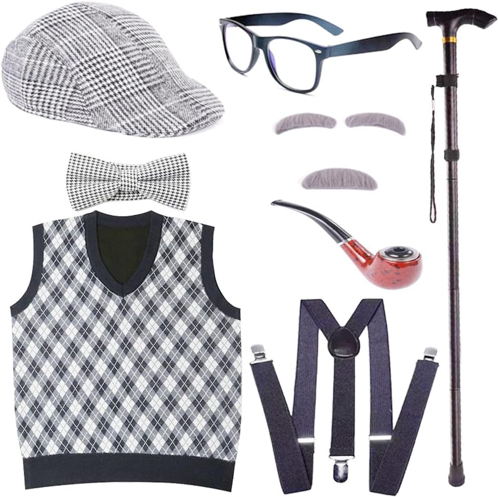 Kids 100 Days of School Costume for Boys - Old Man Costume Set with Many Parts, Old Person Costume