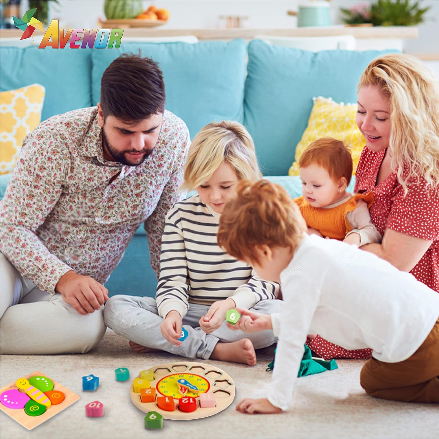 Avenor Teaching Time Clock Shape Sorting Number Blocks Early Learning Wooden Educational Toy for Kids image number 1